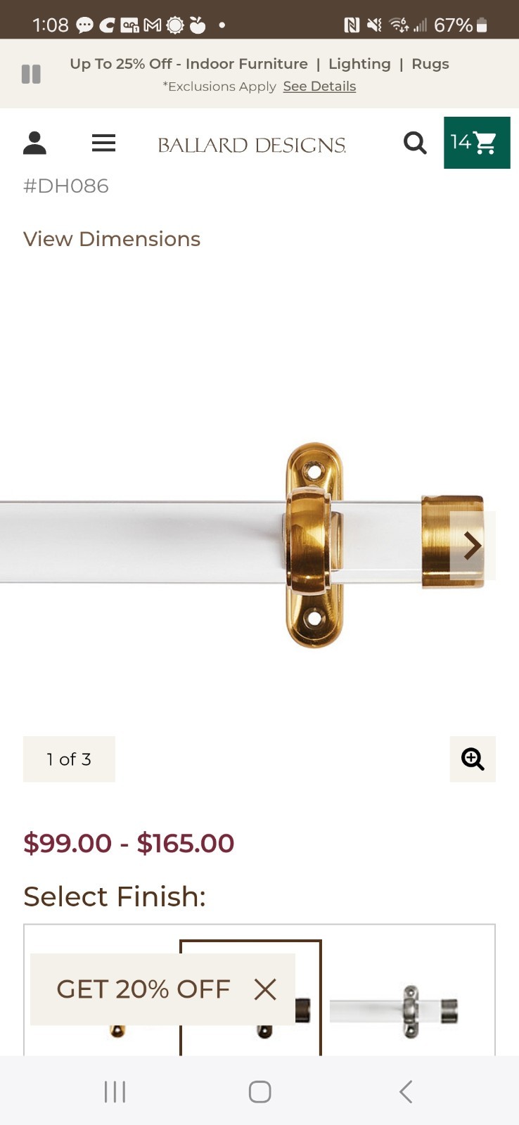 Ballards Acrylic Single Curtain Rod 72″ 1 1/4″ Diameter