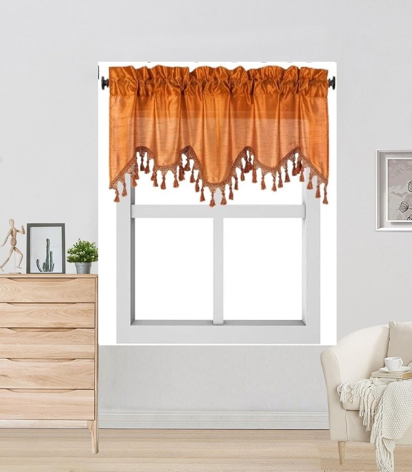Faux Silk Solid Waterfall Curtain Valance Swag Window Treatment with Tassels