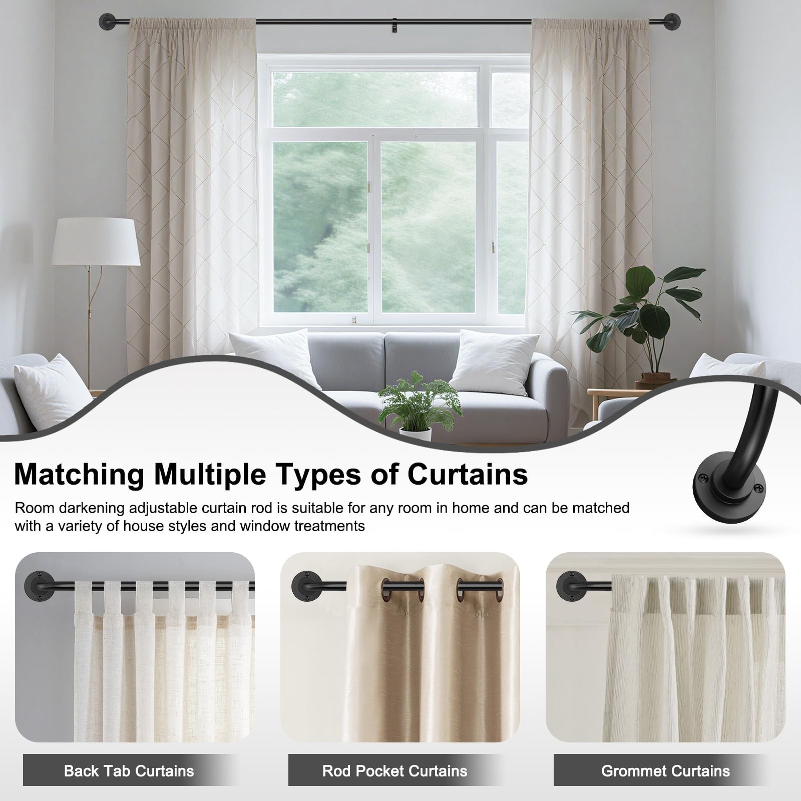 2 Pack Curtain Rods for Windows 28 to 48 inch, 5/8 Inch Black Curtain Rod, Ad…