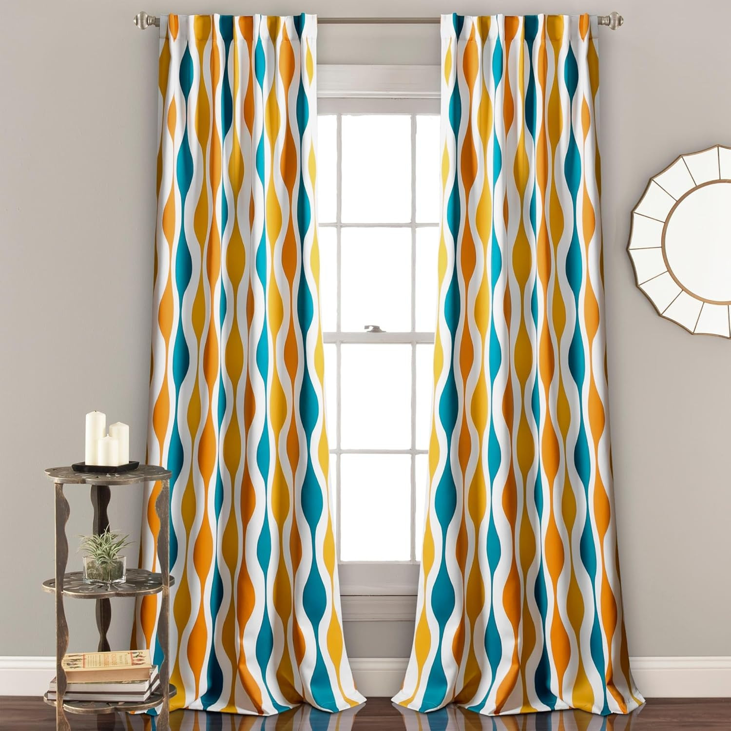 Mid Century Geo Light Filtering Window Curtain Panel Pair, 52″ W X 84″ L, Turquo