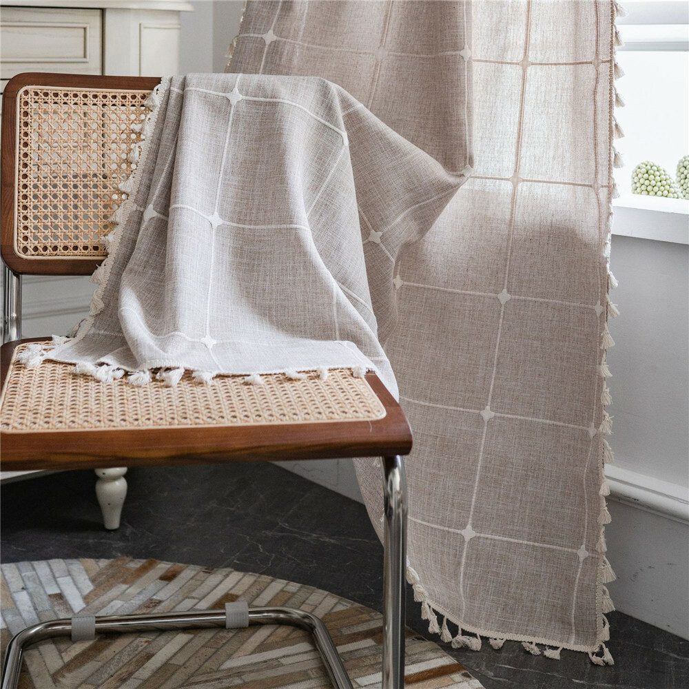 Plain Tassel Curtain Curtain Plaid Embroidery Drape Living Bedroom Decor