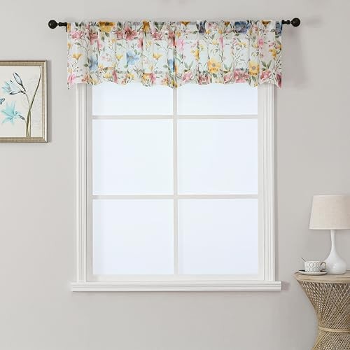 Floral Sheer Valances for Windows – Pink 42″W x 14″L (Pack of 2) Multi Color