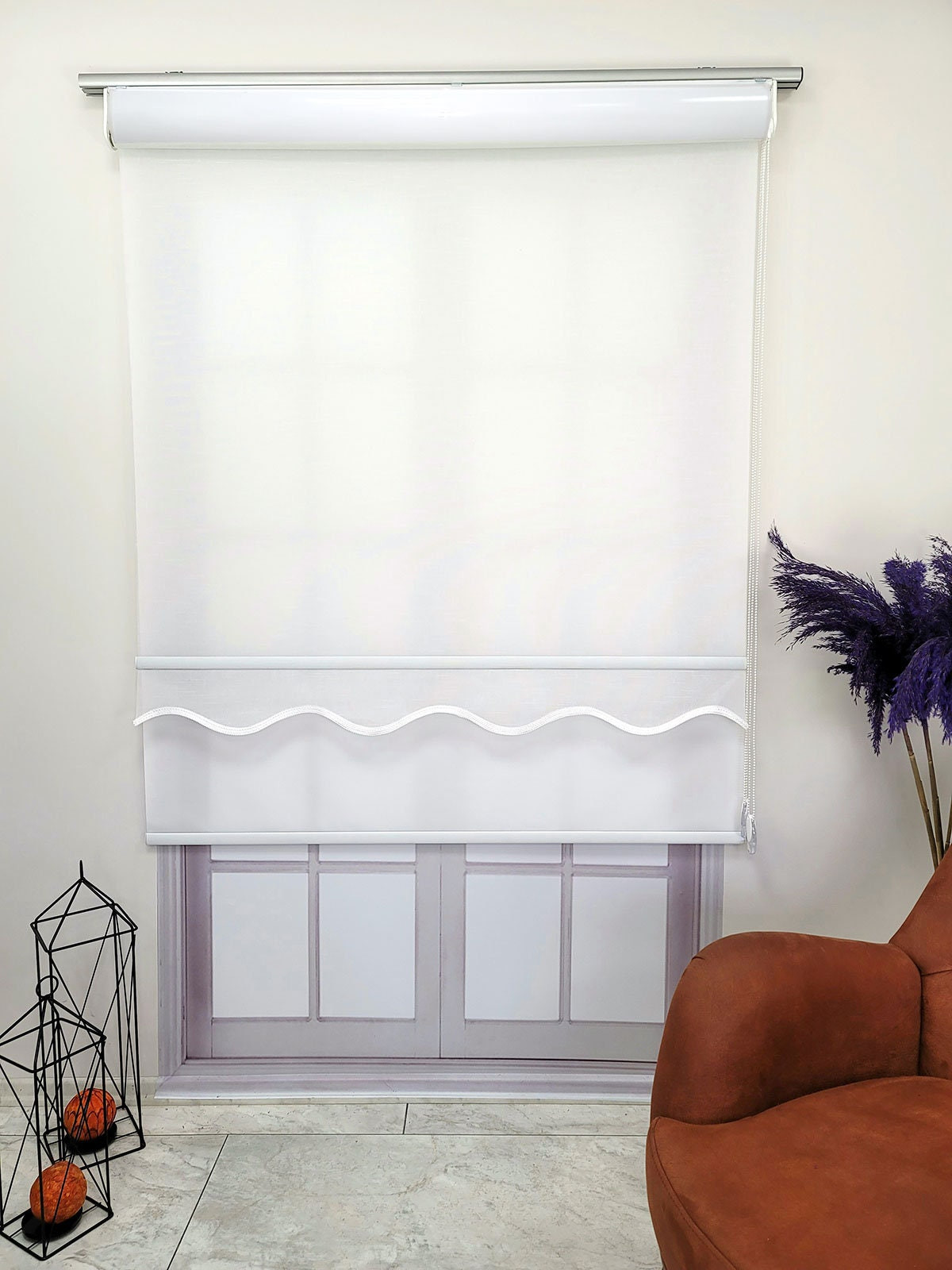 Original Linen Fabric Double Mechanism Tulle and Roller Blinds Curtain, Color