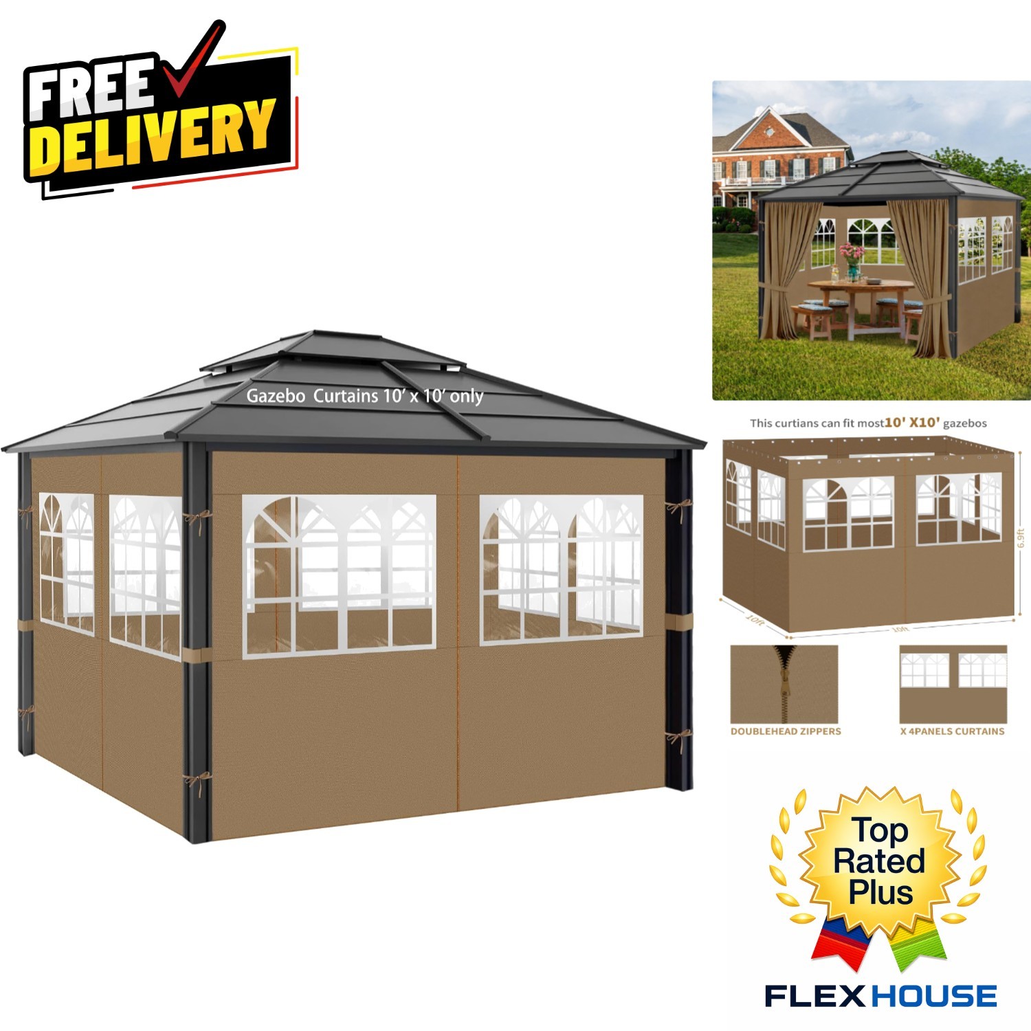 Universal Khaki Gazebo Privacy Curtains with Waterproof Protection – 10′ x 10′