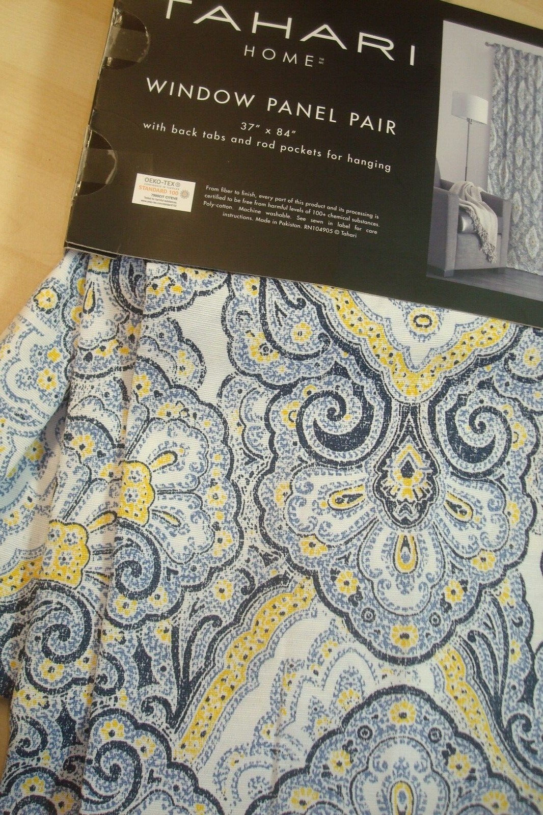 NWT 2 pc Tahari Window Panel Curtains Rod Pocket Paisley Blue Yellow 37″x 84″ lg