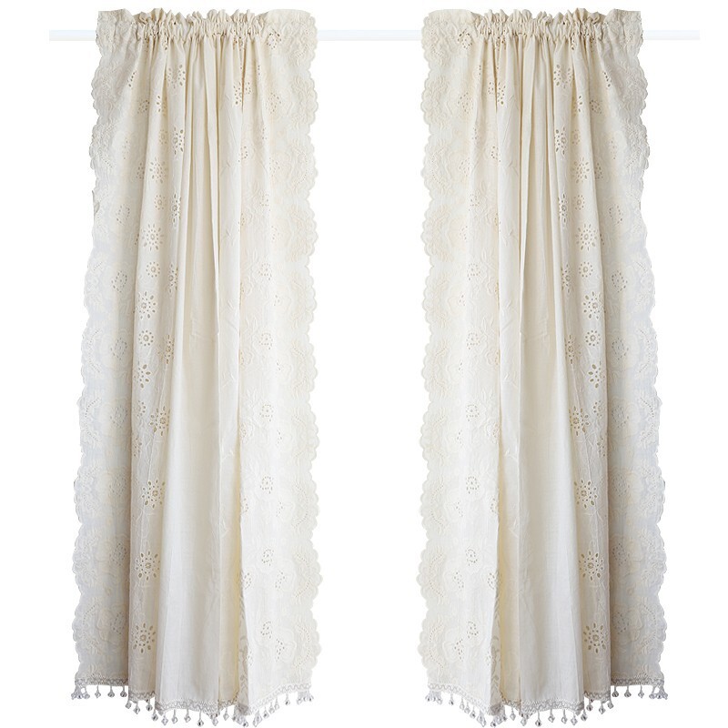 Floral Hollow Tie-Up Cotton Curtain with Beads Trim for Doorway Decor