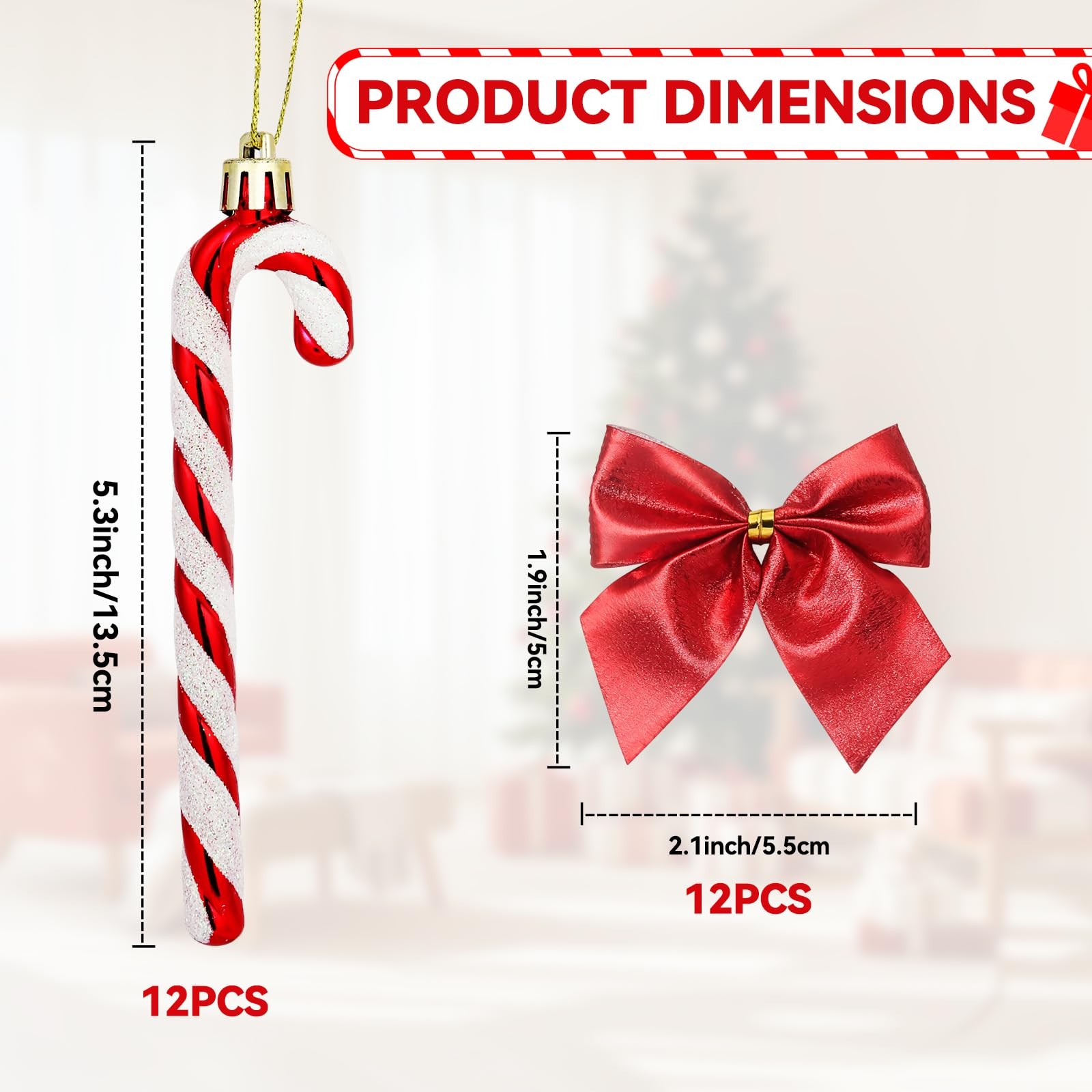 12 PCS Candy Cane Christmas Tree Decorations Ornaments Glitter Bows Red Decor