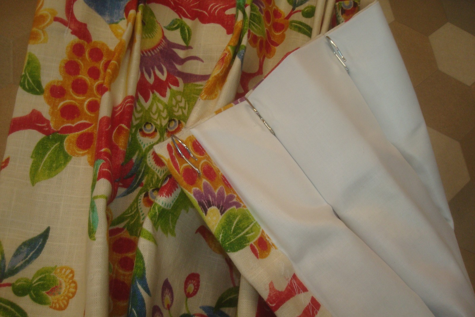 New Custom DRAPES Lined 2 pc LINEN Peacock Floral Fiesta Lark Pleated 96″ lg