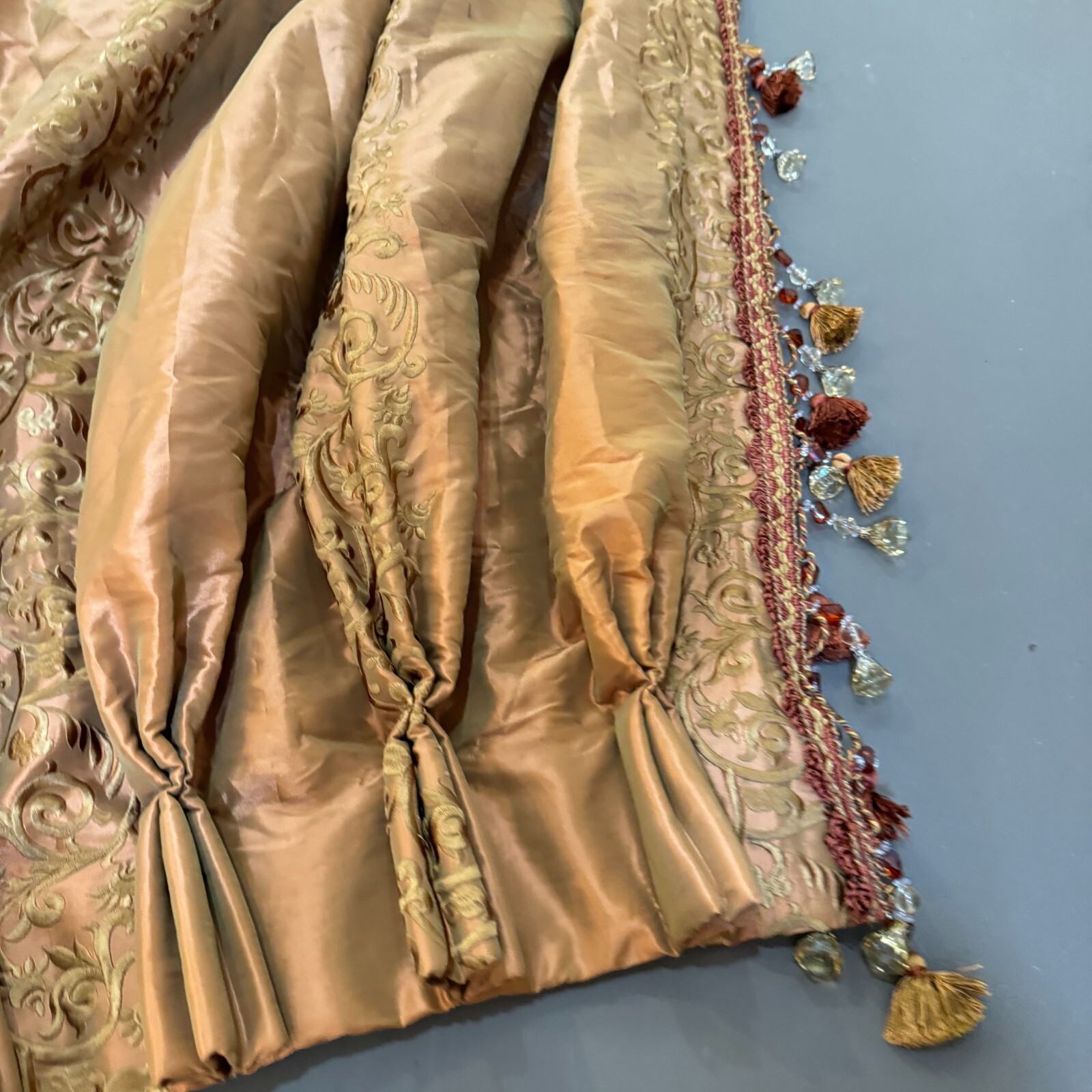 custom pinch pleat drape curtain panel brown damask floral beaded edge