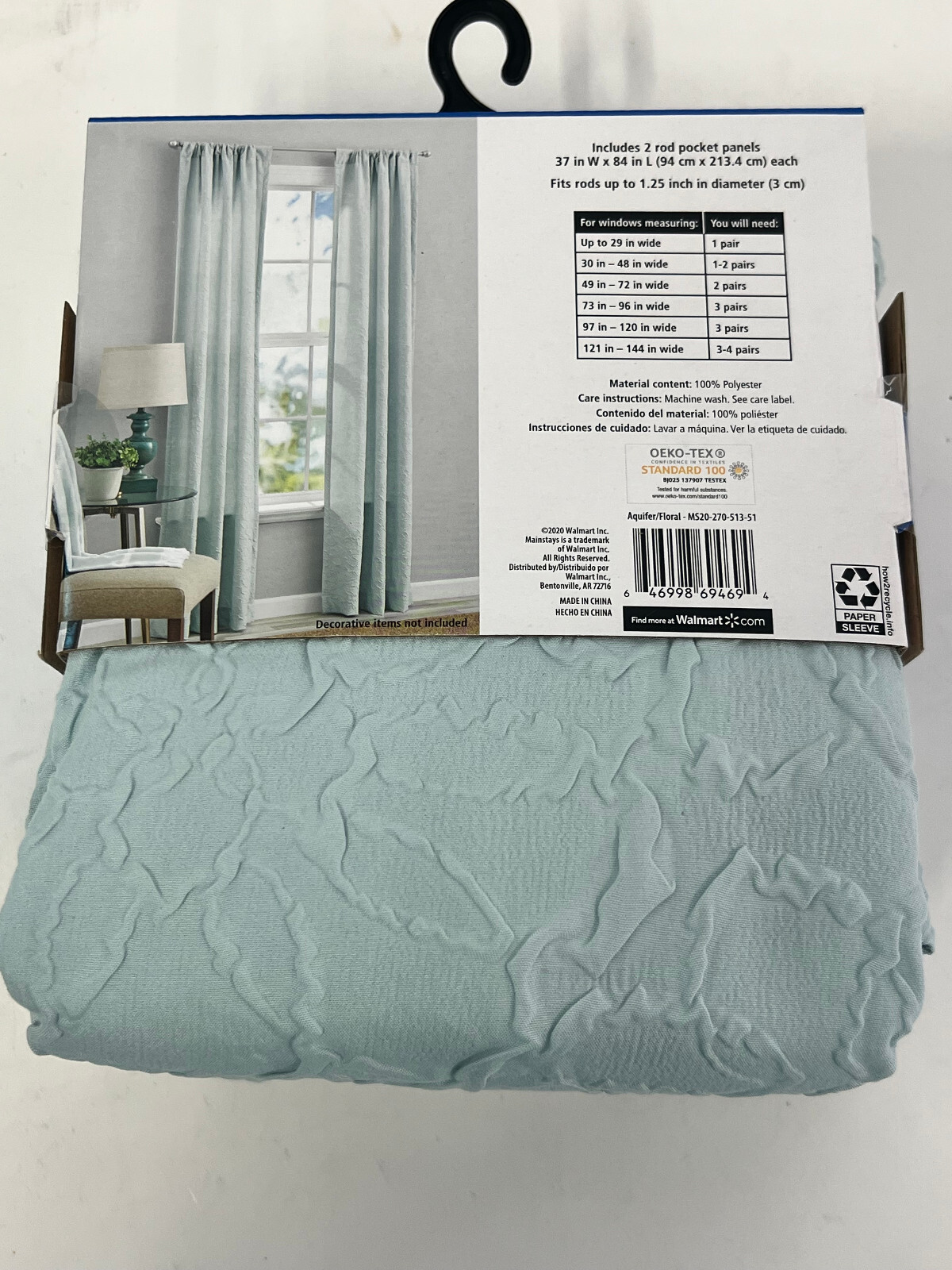 PAIR Mainstays Rod Pocket Curtains 37×84″ Light Filtering Aqua Floral