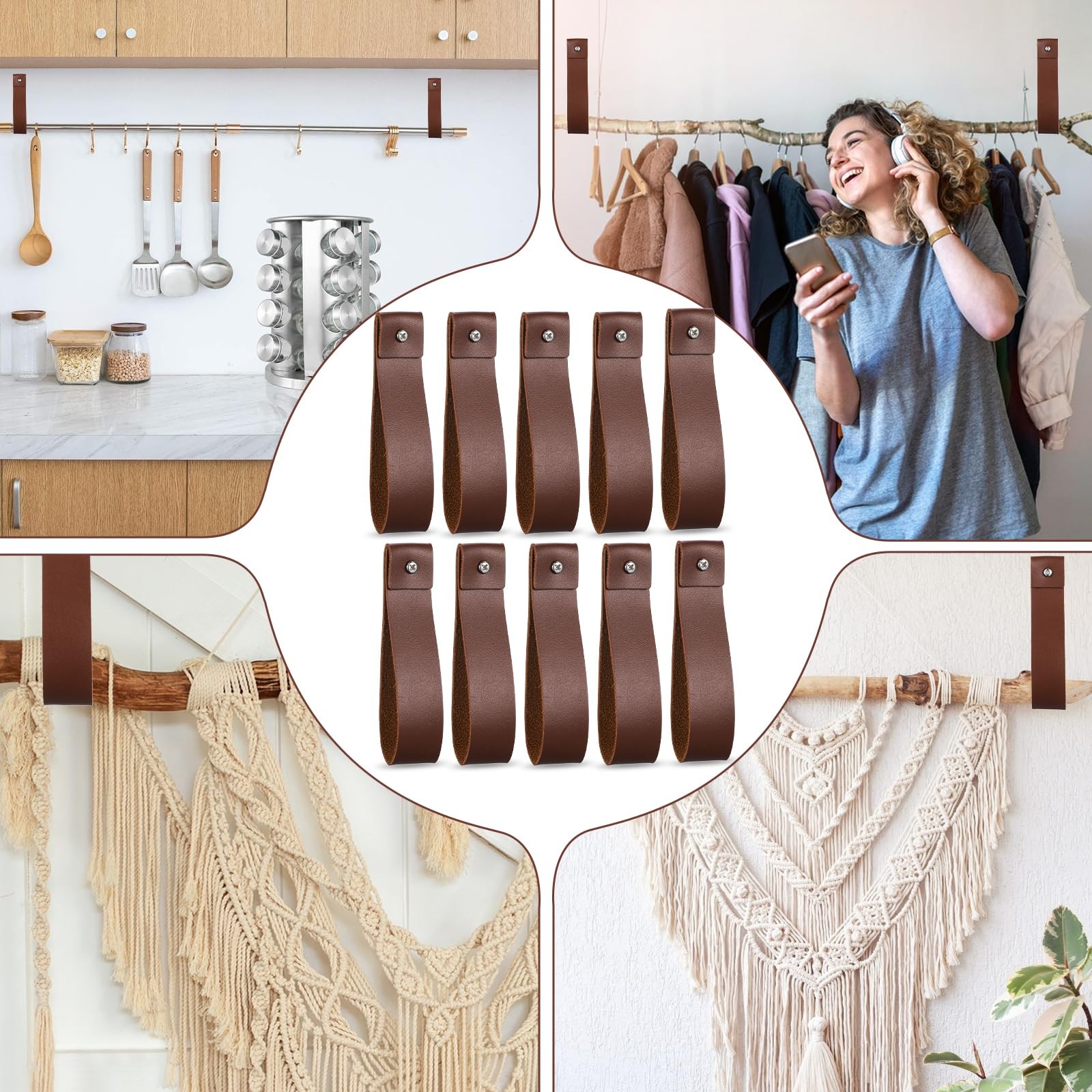 10pcs PU Leather Straps for Hanging Wall Hooks 1 x 4.7 Inches Curtain Rod Hol…