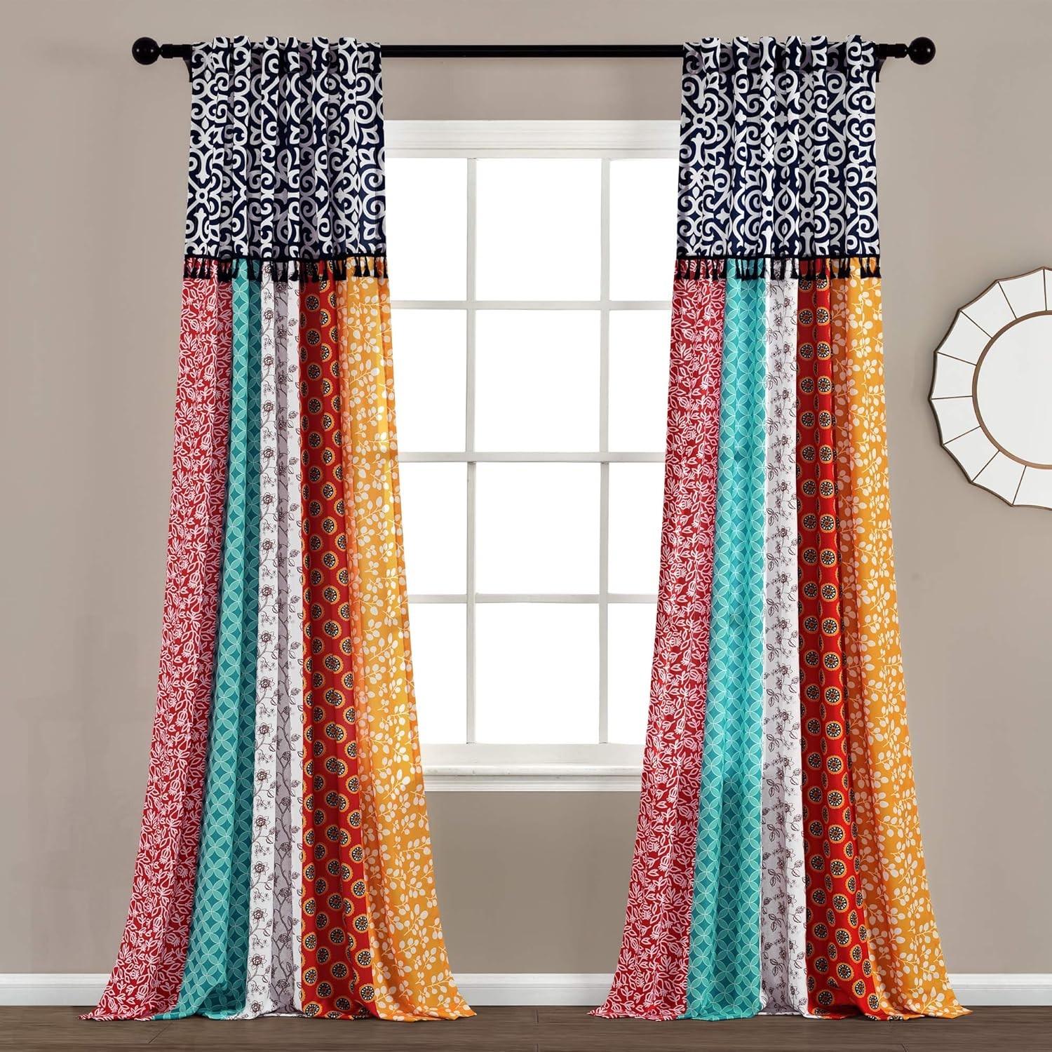 Boho Patch Light Filtering Window Curtain Panels Pair 45″ W x 84″ L Orange &
