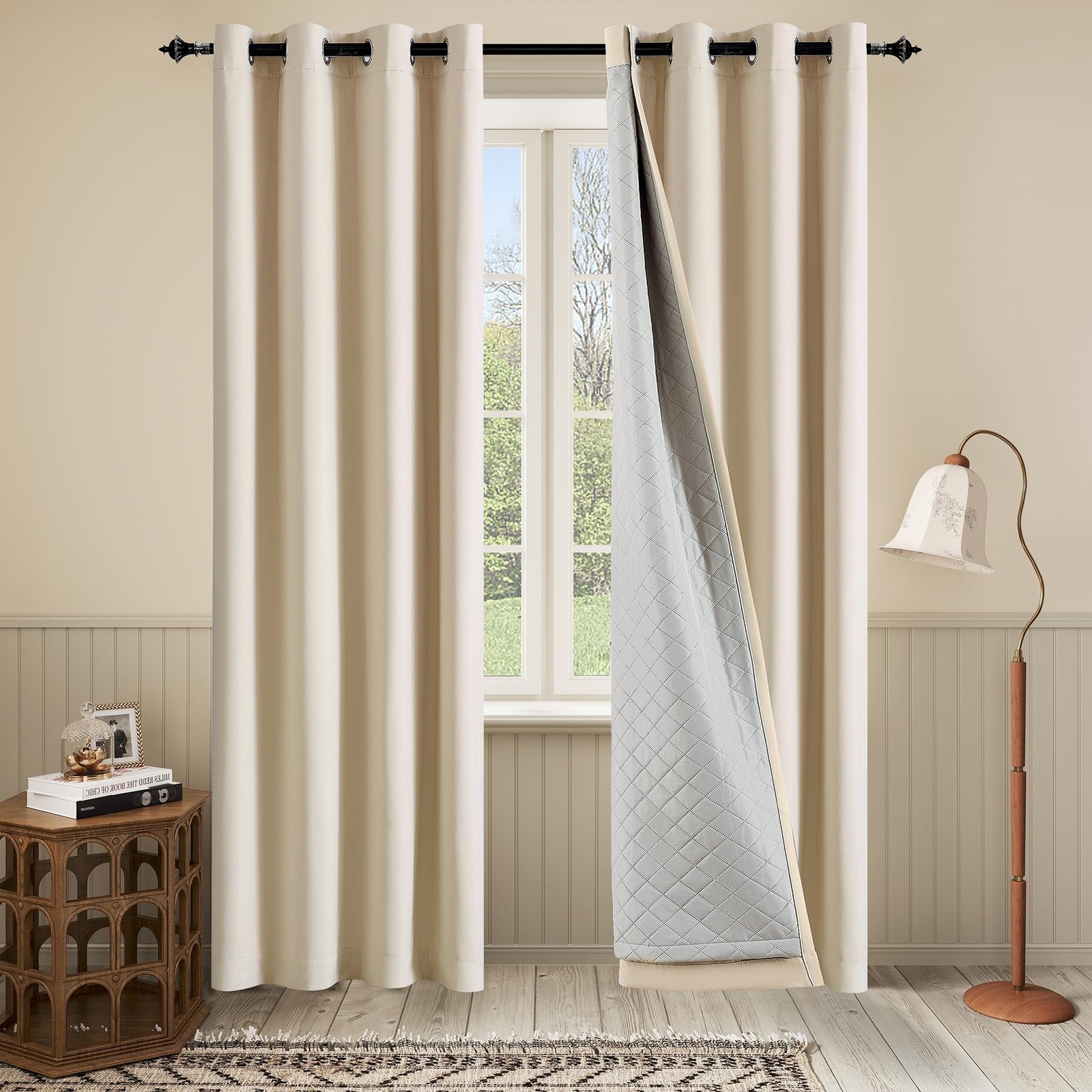 Oyring Soundproof Curtains 3-In-1 Beige Blackout Curtains 108 Inches Long For