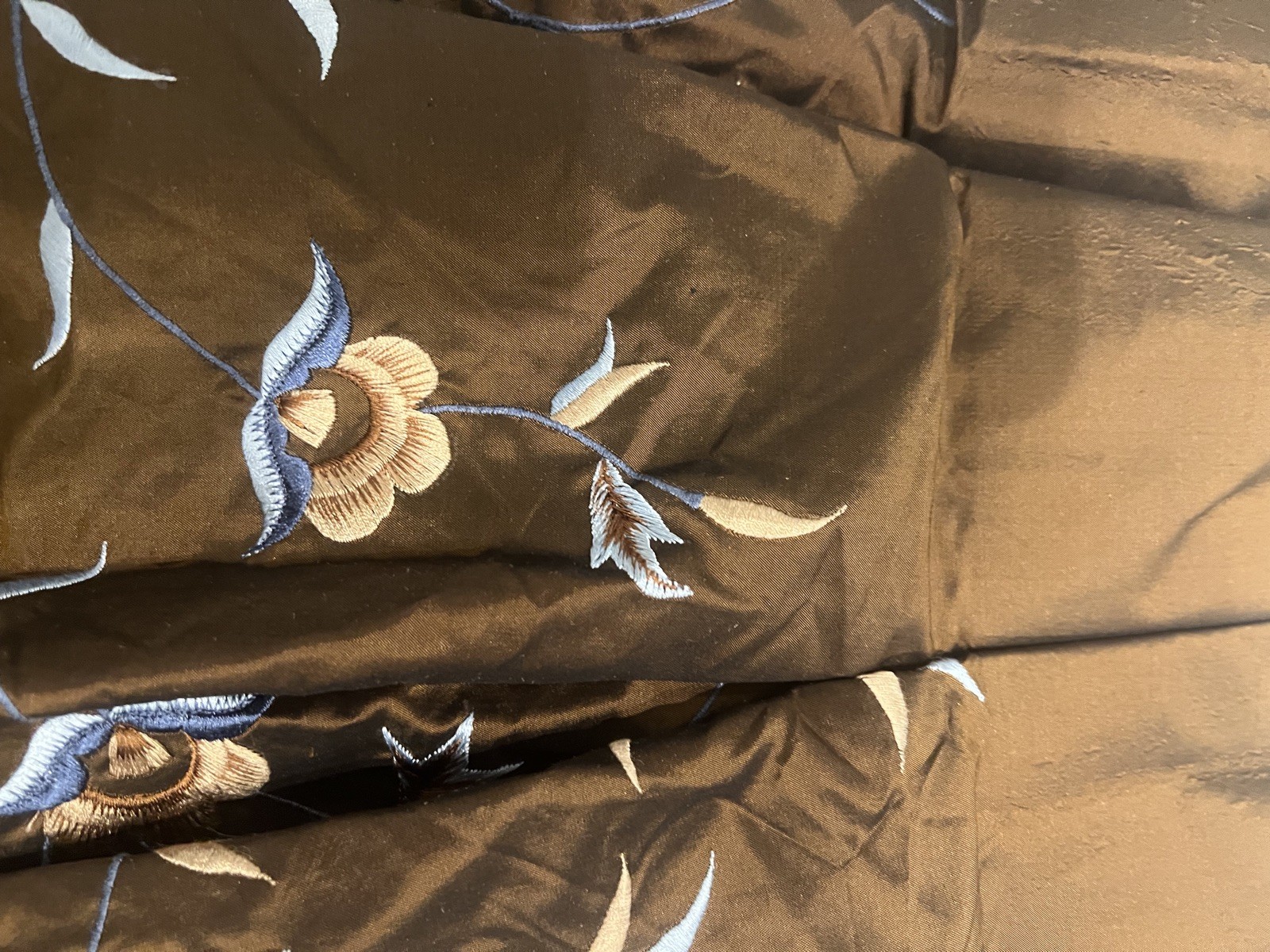 New Silk Emroidered Custom Drapery Each Panel 27″ x 96″ Brown and Blues