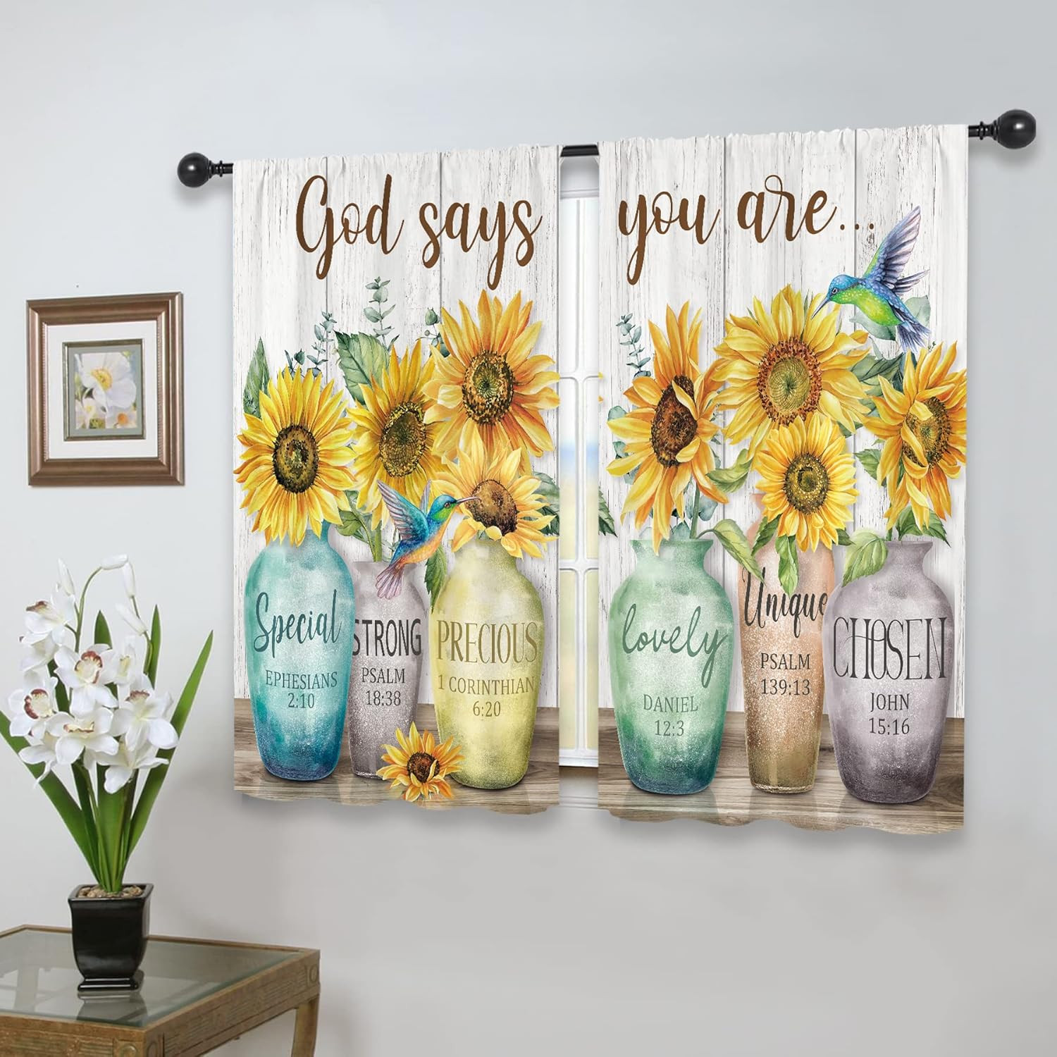 Sunflower Farmhouse Kitchen Curtains Rustic Floral Flower Blossom Vase Positive