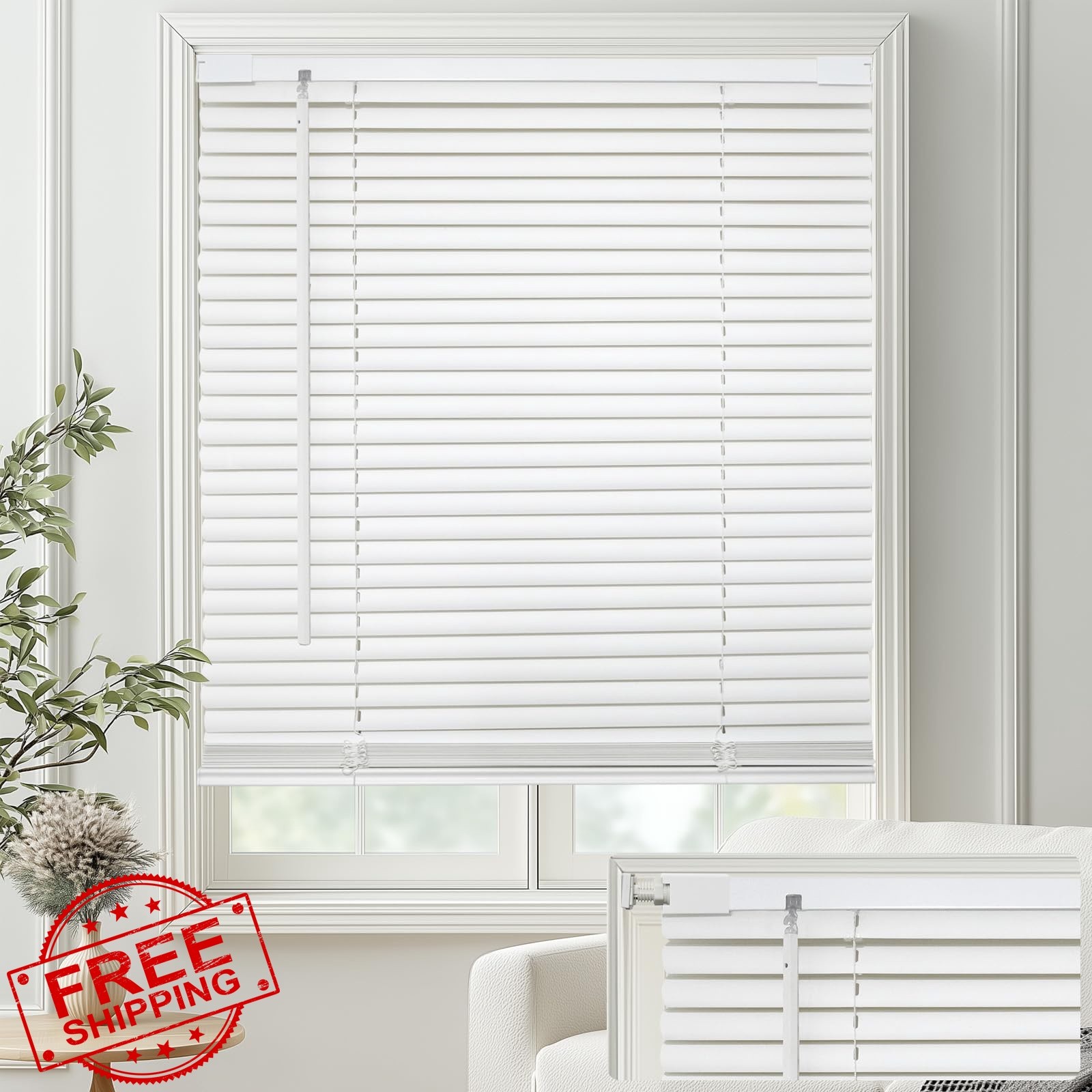 MYshade Cordless White Mini Blinds 30″W x 48″H No-Drill