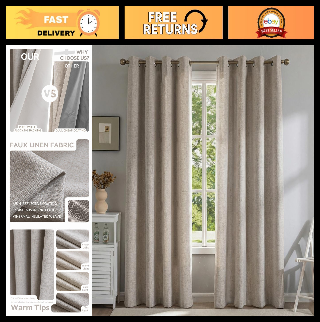 Natural Linen Blackout Curtains 96″ Long, 2 Panels, Thermal Insulated Drapes for