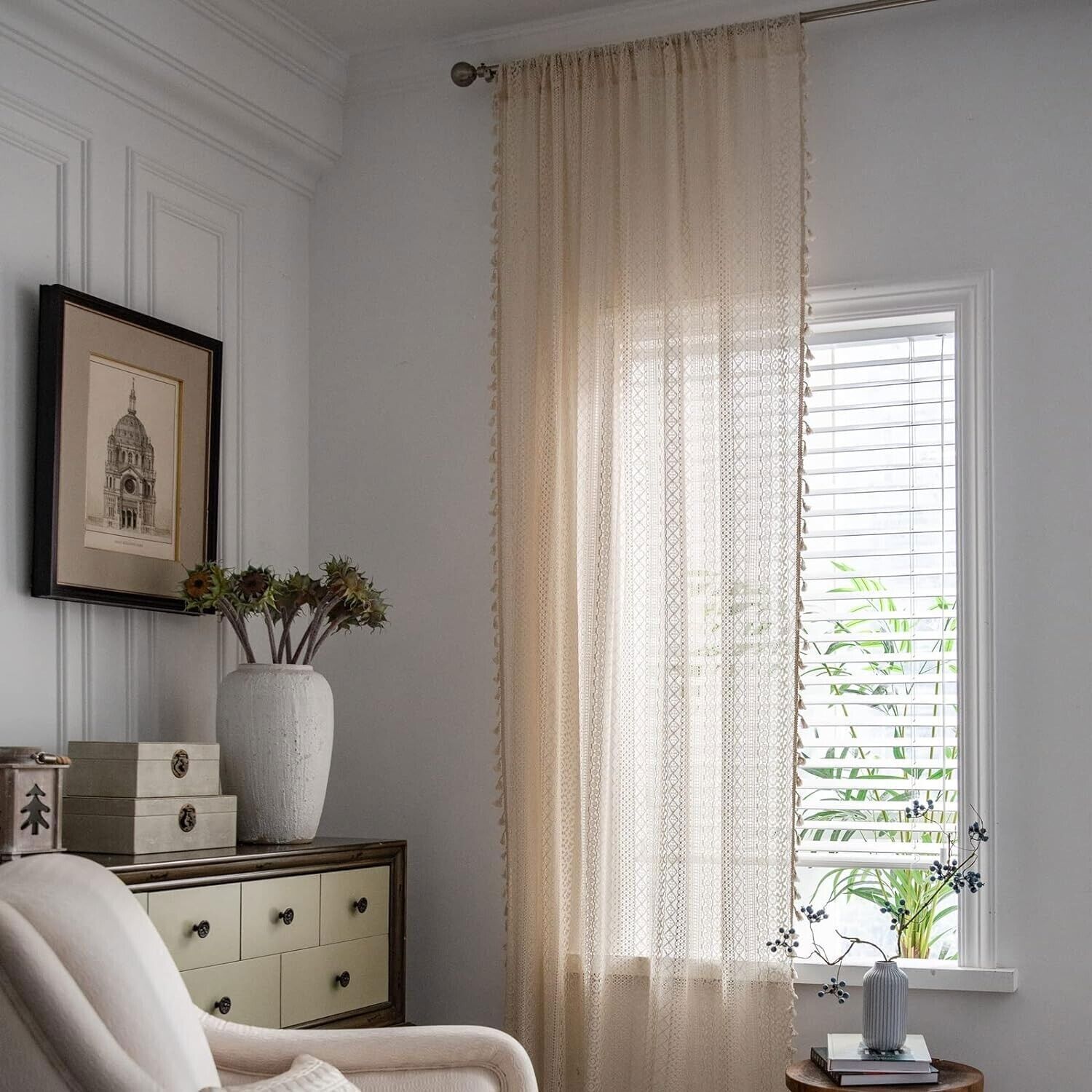 Crochet Lace Curtain Panels Window Drapes Bedroom Living Room Rod Pocket Rustic