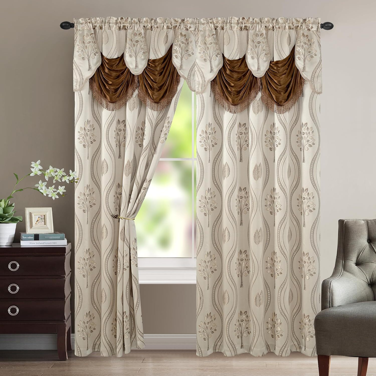 Cortinas Beige Para Sala Con Cenefas De 2 Paneles 54 X 84″ Modernas Set New