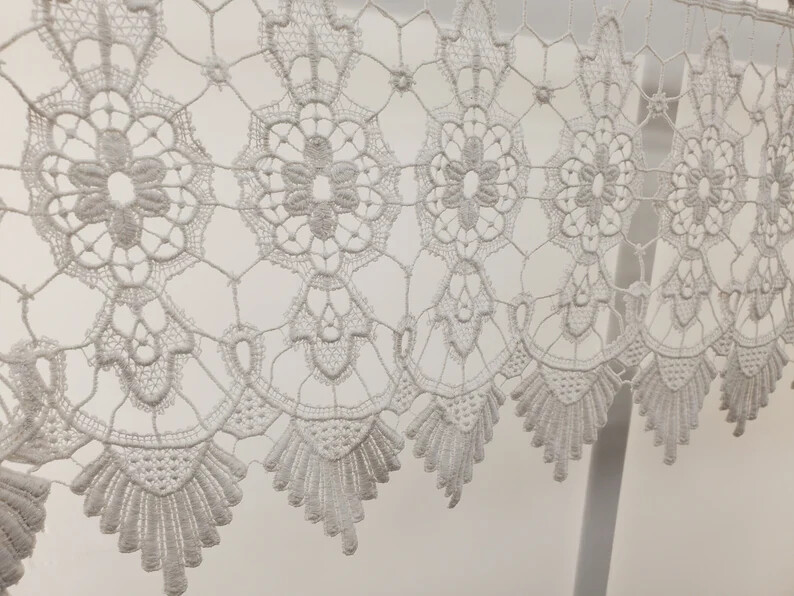 Macramé Medallion Loops and Scalloped Bottom Hem White Curtain Tier or Valance