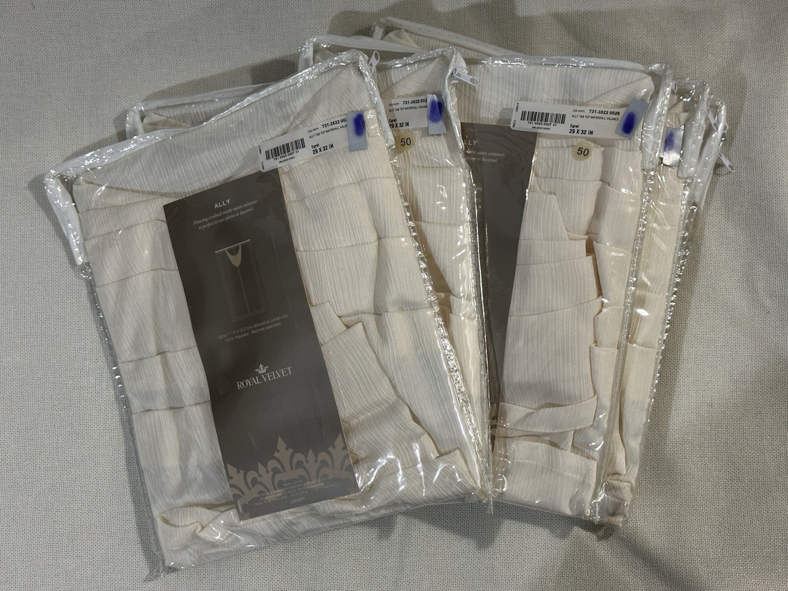 Lot of 12 Royal Velvet ALLY Tap-Top Waterfall Valance – Egret, 29 x 32in