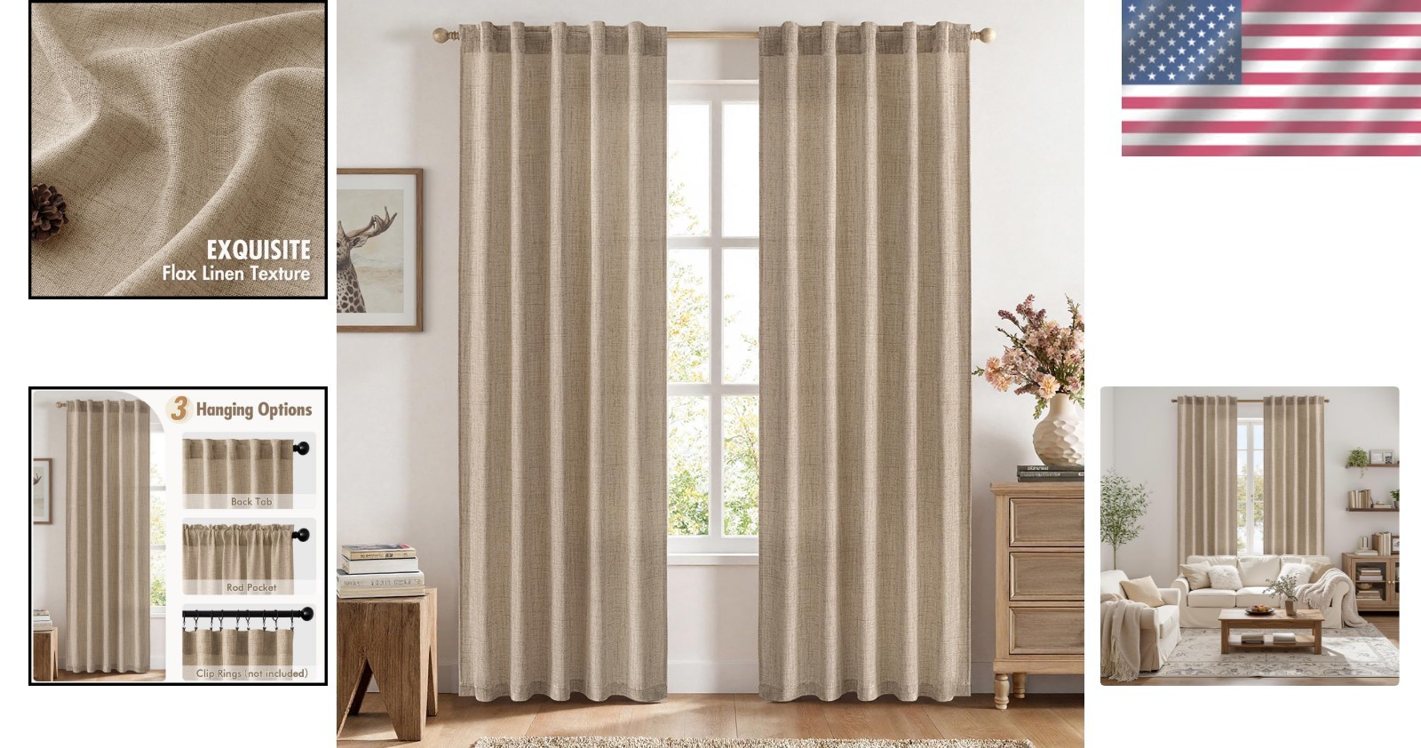 Faux Linen Curtains Panels Light Filtering Window Drapes for Living Room and …