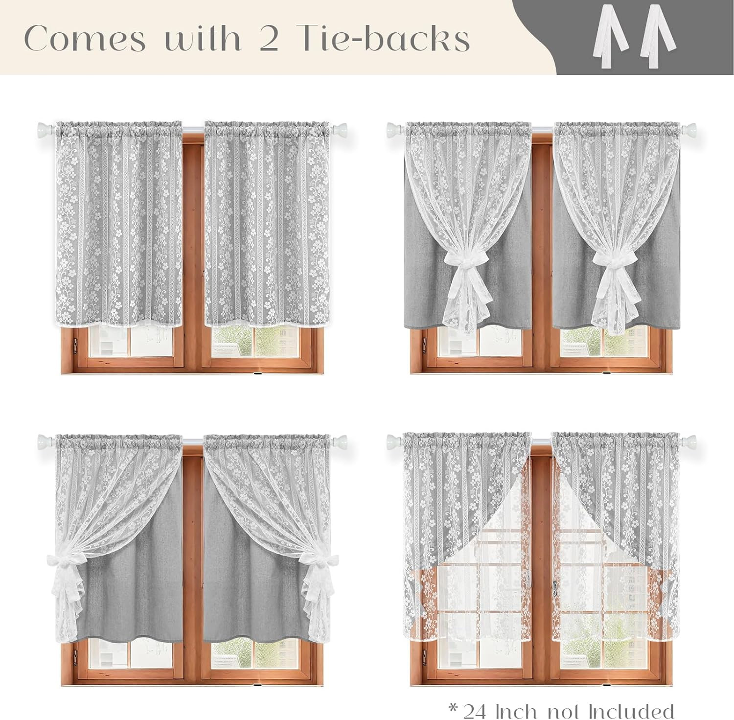 Linen Kitchen Curtains 36 Inch Length, Double Layered Window Curtain 2 Panel Set