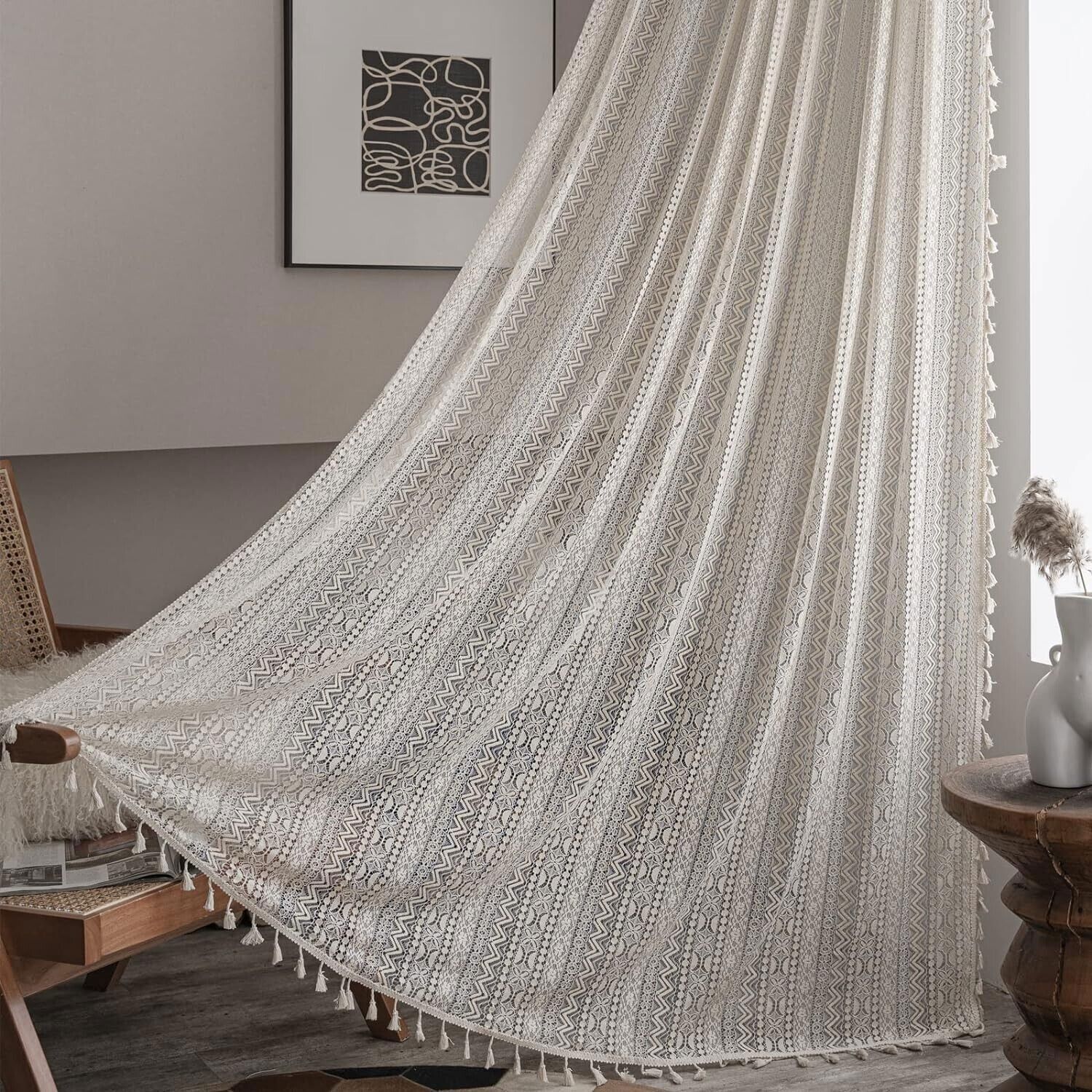 Crochet Lace Curtain Panels Window Drapes Bedroom Living Room Rod Pocket Rustic