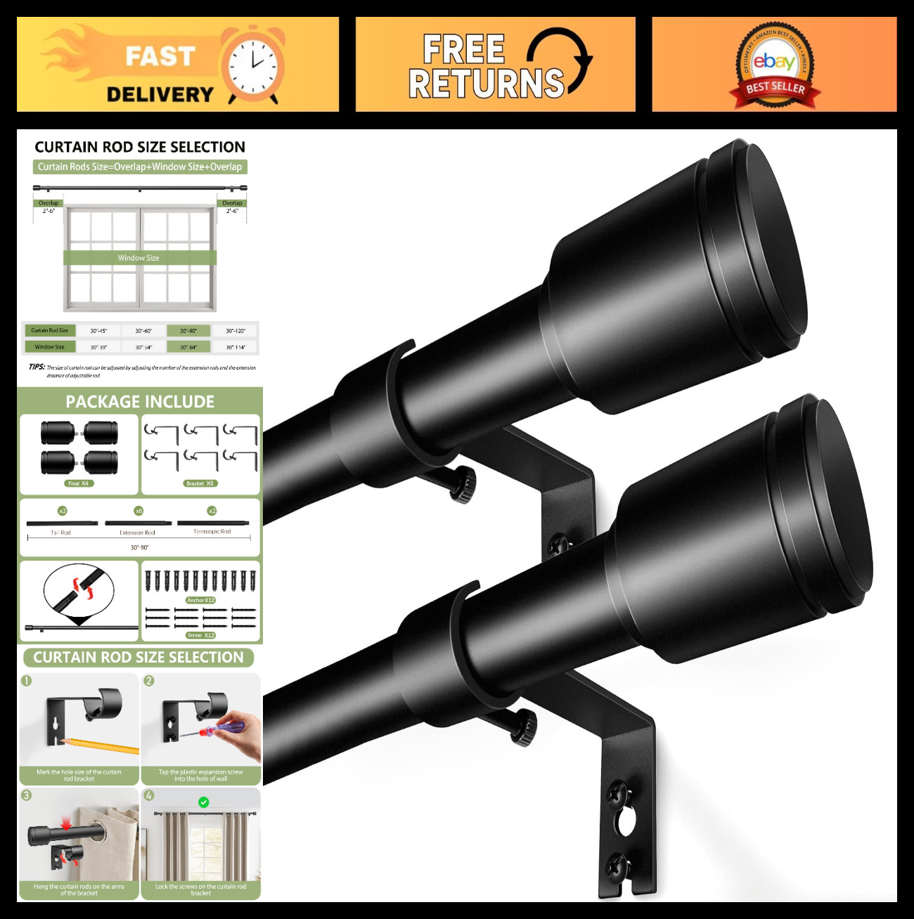 Adjustable 5/8″ Curtain Rods 30-90 Inch for Small Windows, Black, 2 Pack with Br