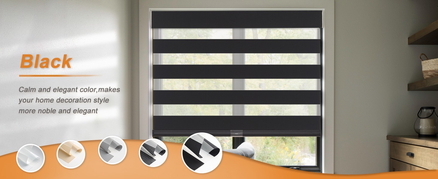 Black METechs No-Drill Zebra Blinds – Dual Layer Light Filtering Cordless Shades