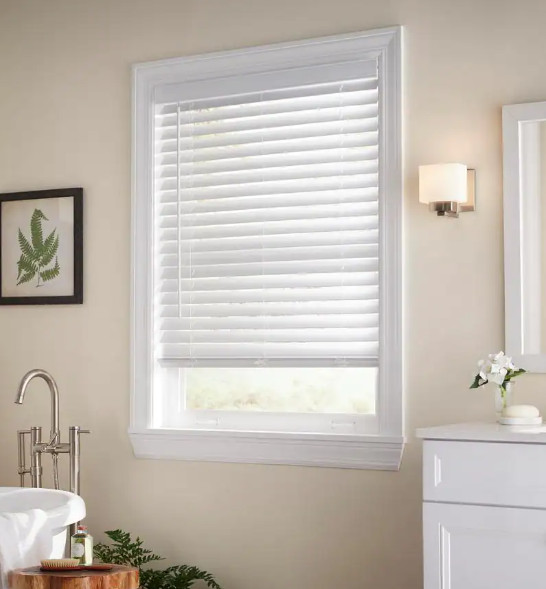 White Cordless Faux Wood Blinds for Windows with 2 in. Slats 52 in. W x 48 in. L