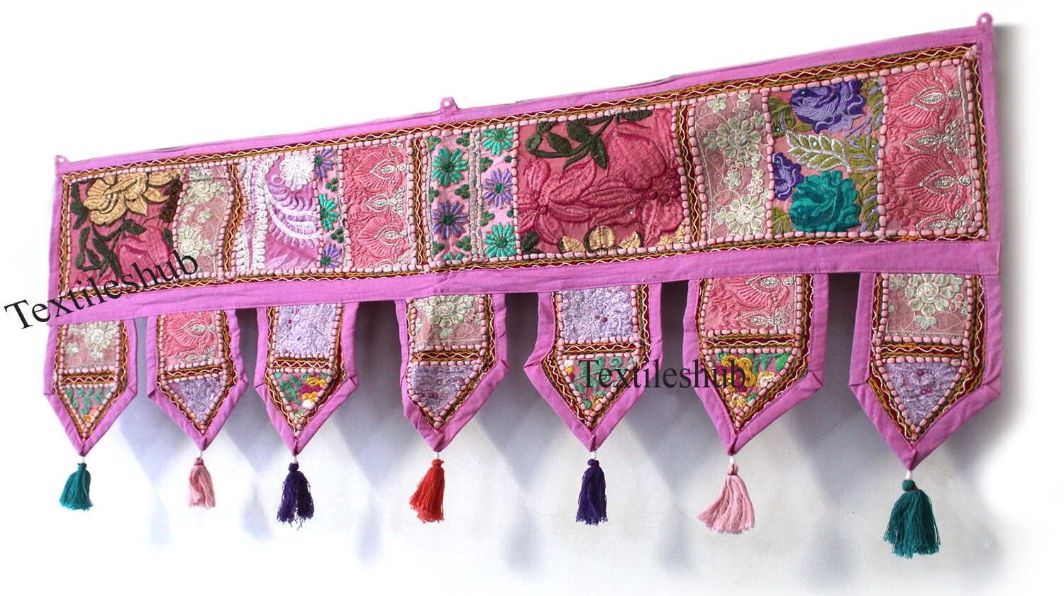 Indian Patchwork Pink Toran Embroidery Cotton Vintage Wall Hanging Home Decor
