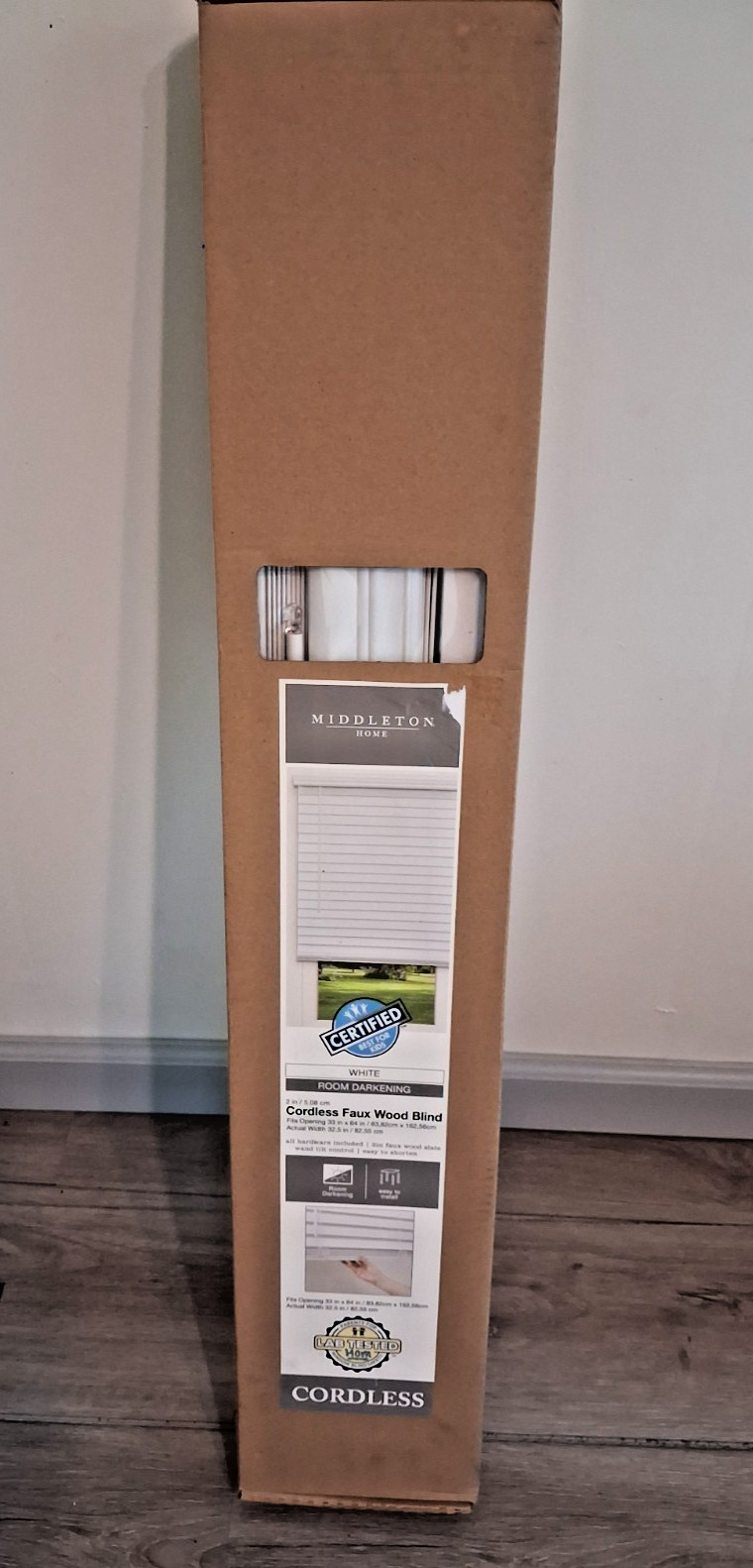 Middleton Home CordlessFaux Wood Blind- White 33 x 64 -New