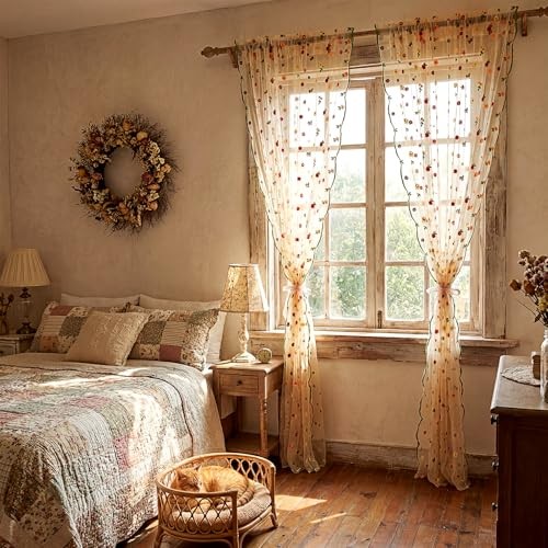 Gilprop Floral Sheer Curtains for Window Champagne Embroidery 52 x 96 Inches