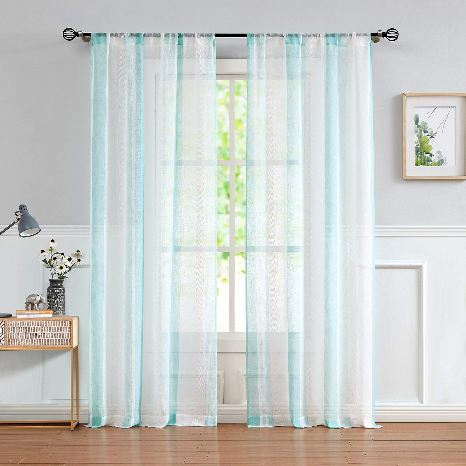 Sheer Spa Blue and White Stripe Farmhouse Curtains Boucle Linen Window Curtai…