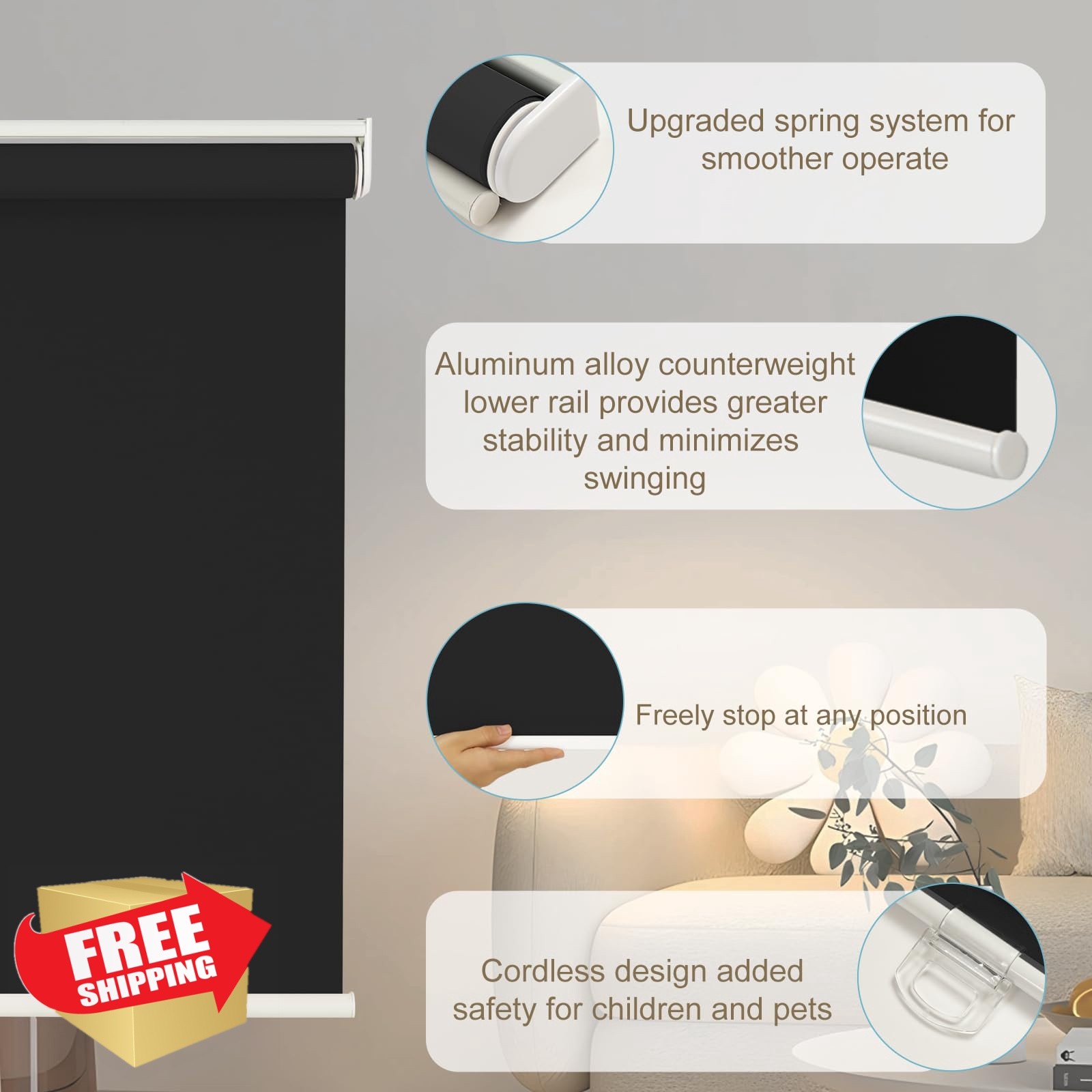 Changshade Blackout Roller Shades Black 40″x72″