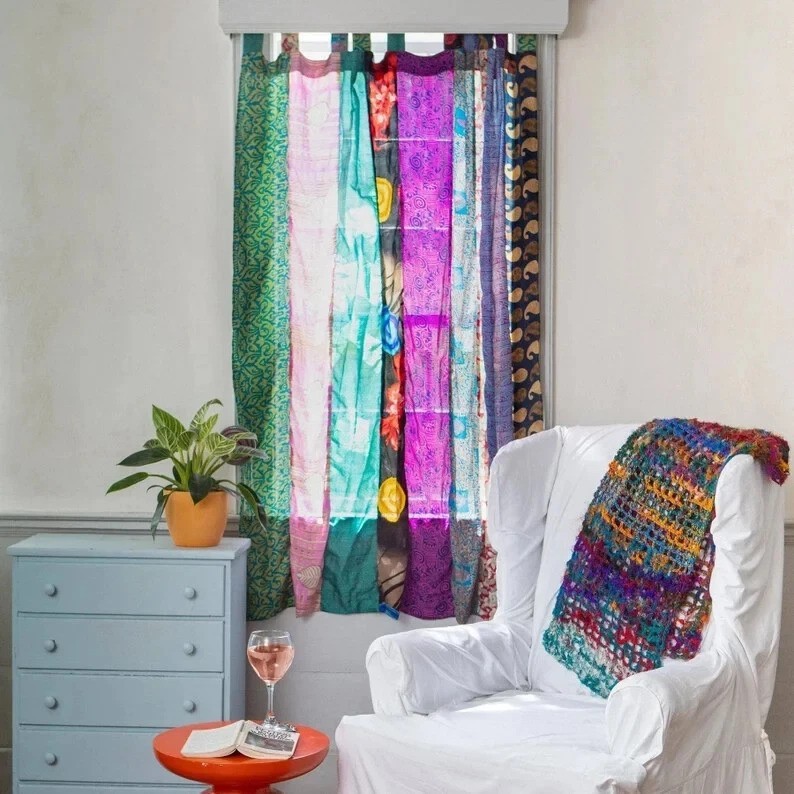 Handmade Indian Sari Patchwork Curtains 2 Pc – Silk Blend Light-Filtering Drapes