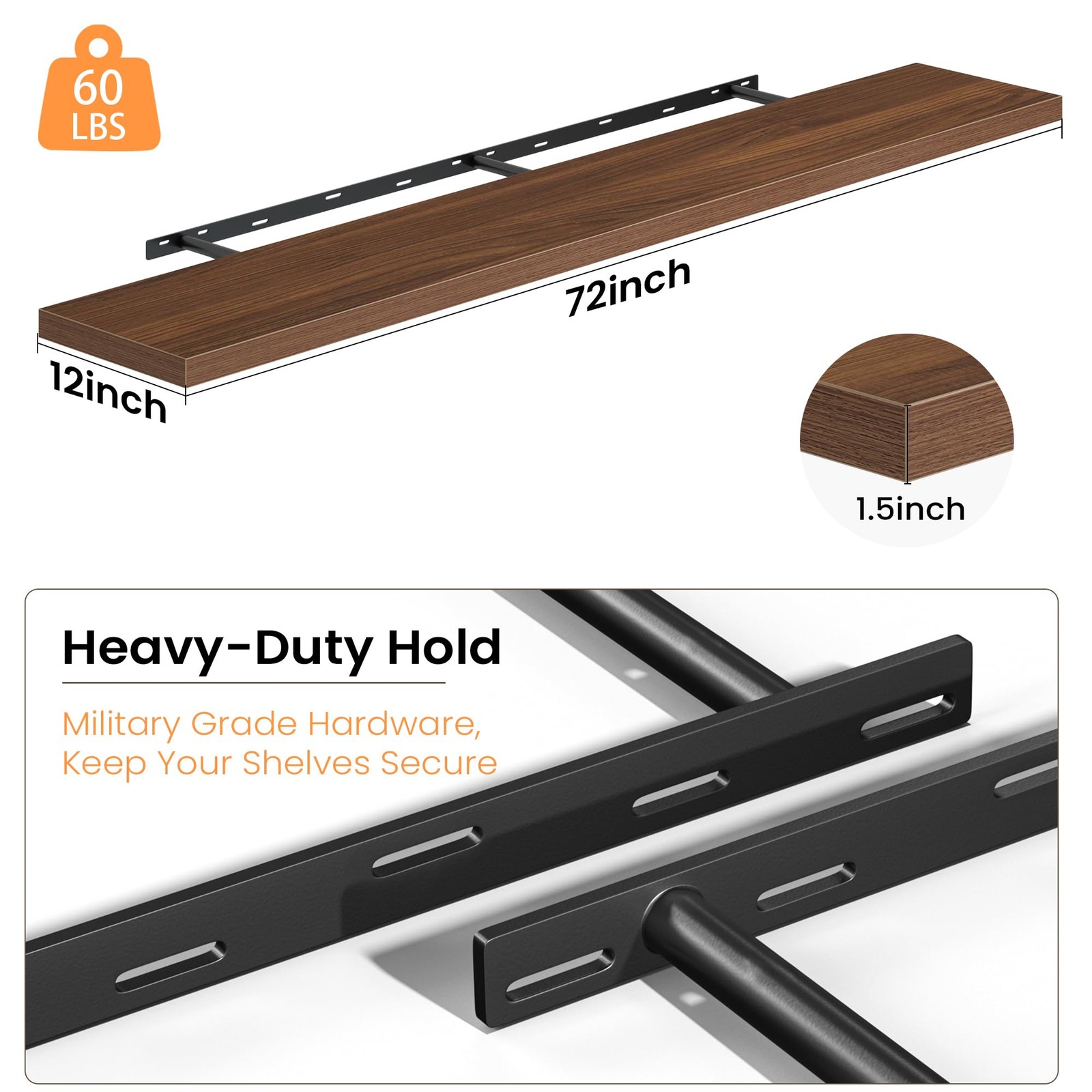 72 Inch Floating Shelves, 12 Inch Deep Wall Shelf for Fireplace Mantel, Walnu…