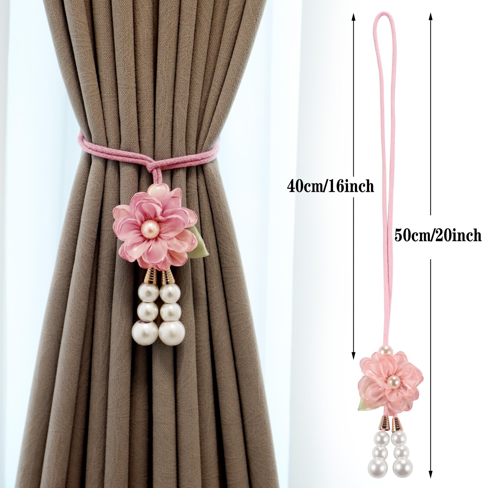 Adjustable Curtain Tiebacks， 4-Pack Hand-Woven Rope with Silk Flower & Pearl，…