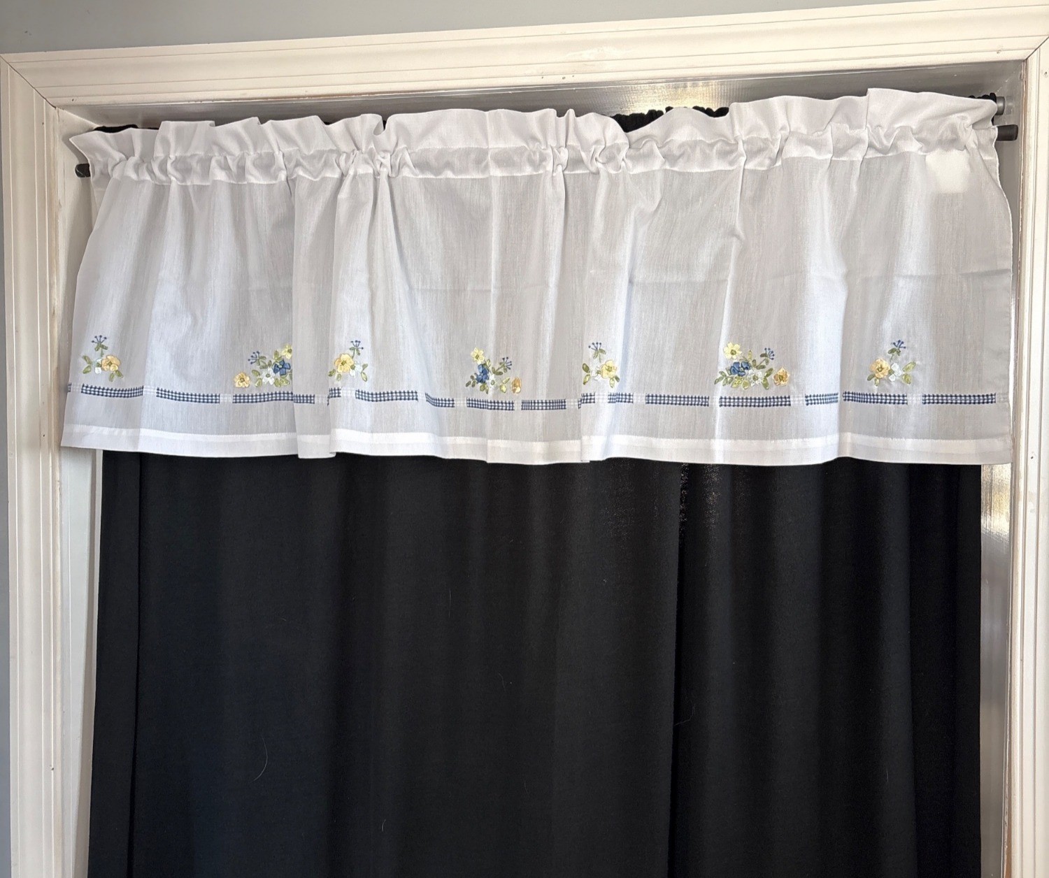White Window Valance 60″W x 16″L Floral Embroidery & Blue Gingham Trim