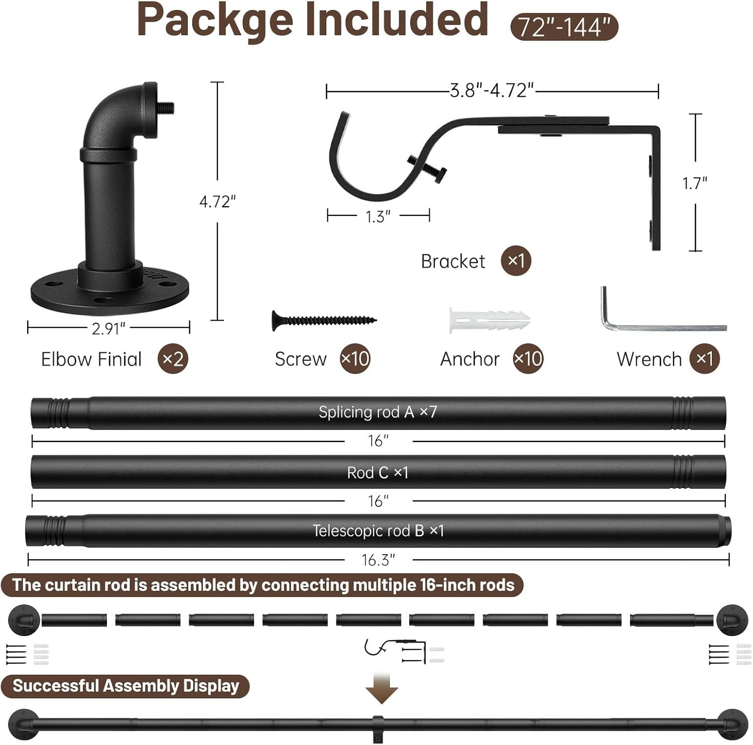 Rustic Black Curtain Rod, Includes Installation Accessories and Instructions