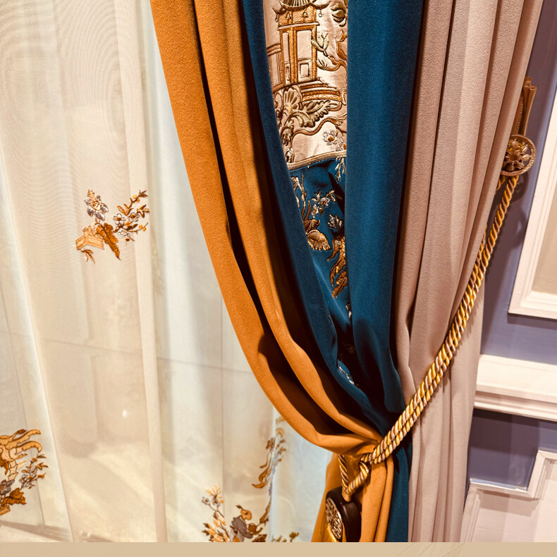 Custom embroidery luxury blue velvet thick cloth blackout curtain valance C1658