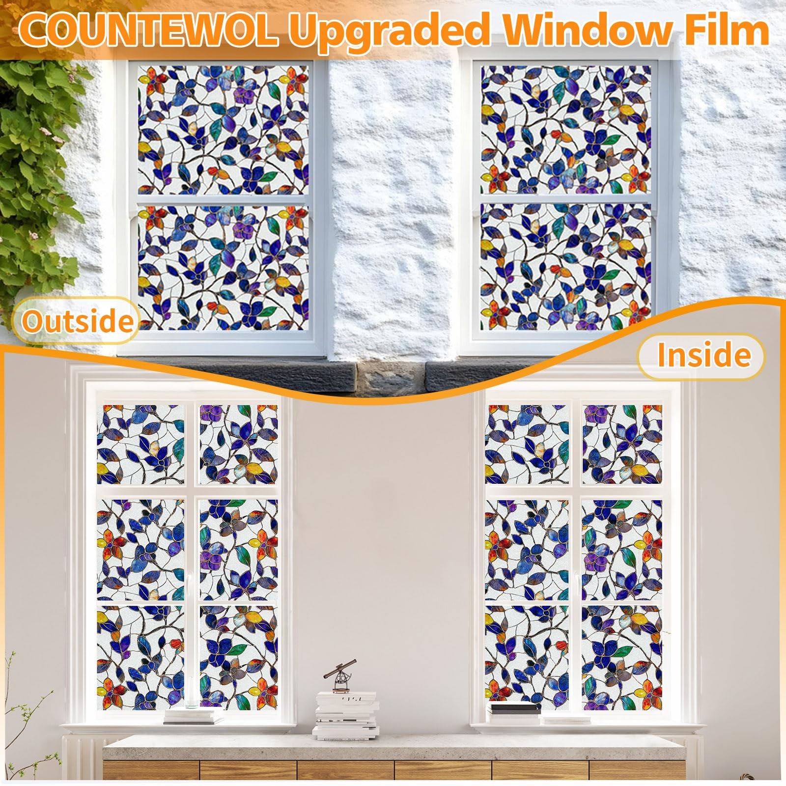Colored Glass Film Privacy Rainbow Leaf Pattern 17.5 x 78.7 Inch Removable