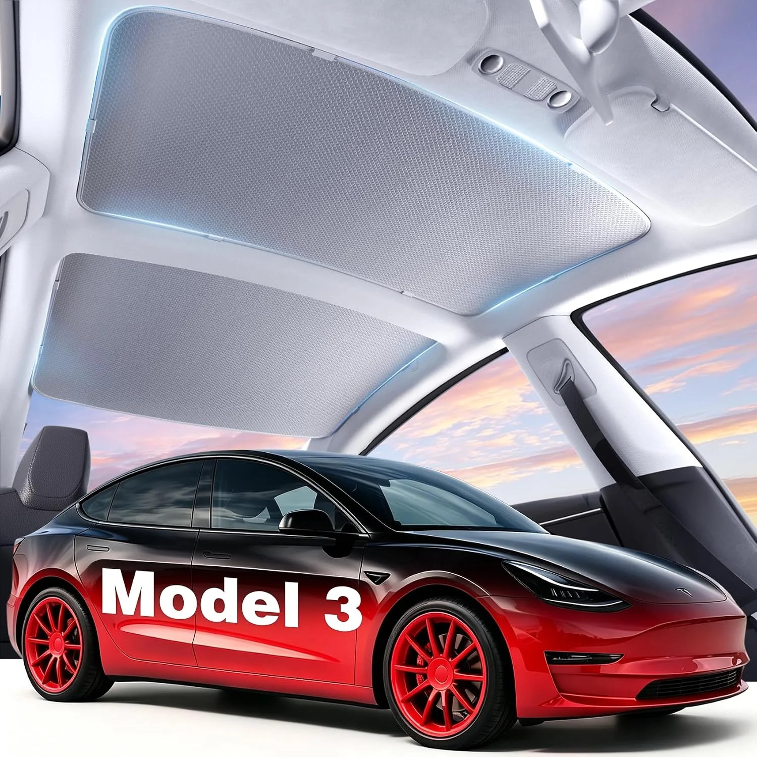 Roof Sunshade for Tesla Model 3 2020-2026, Full Blackout 2PCS | Dark gray dual-l