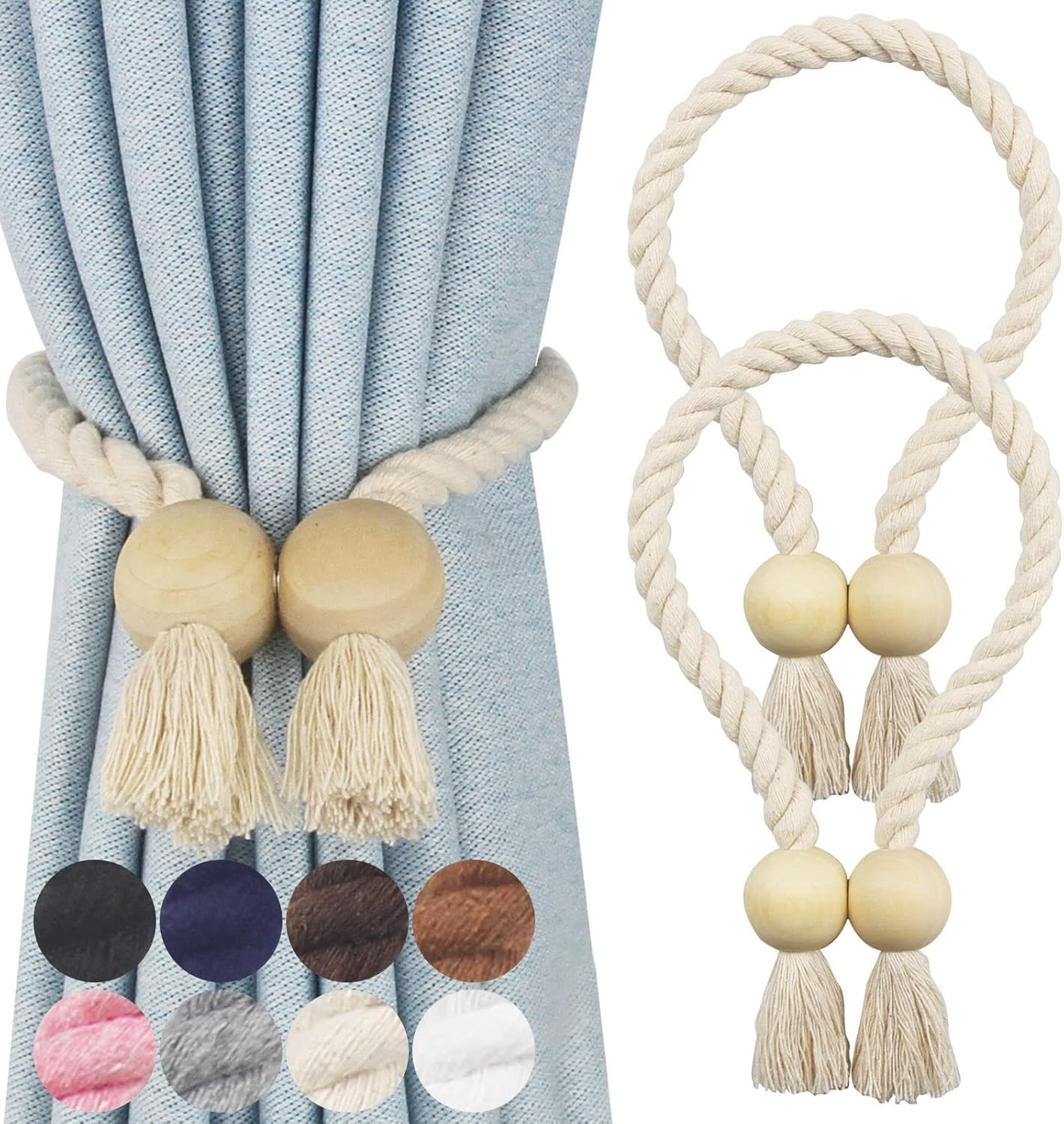 2 Pack Magnetic Curtain Tiebacks Cotton Hand Woven Tie Back Decorative Rope H…