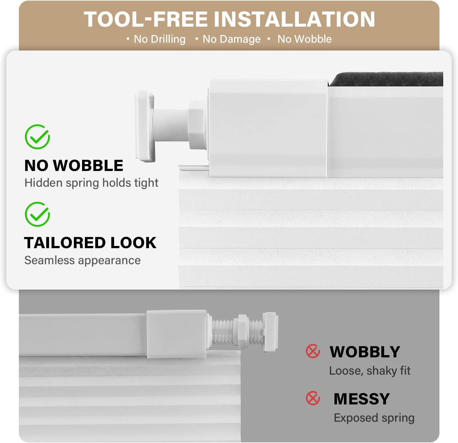 No Tools No Drill Cordless Cellular Shades Blinds for Indoor Windows, Light Filt
