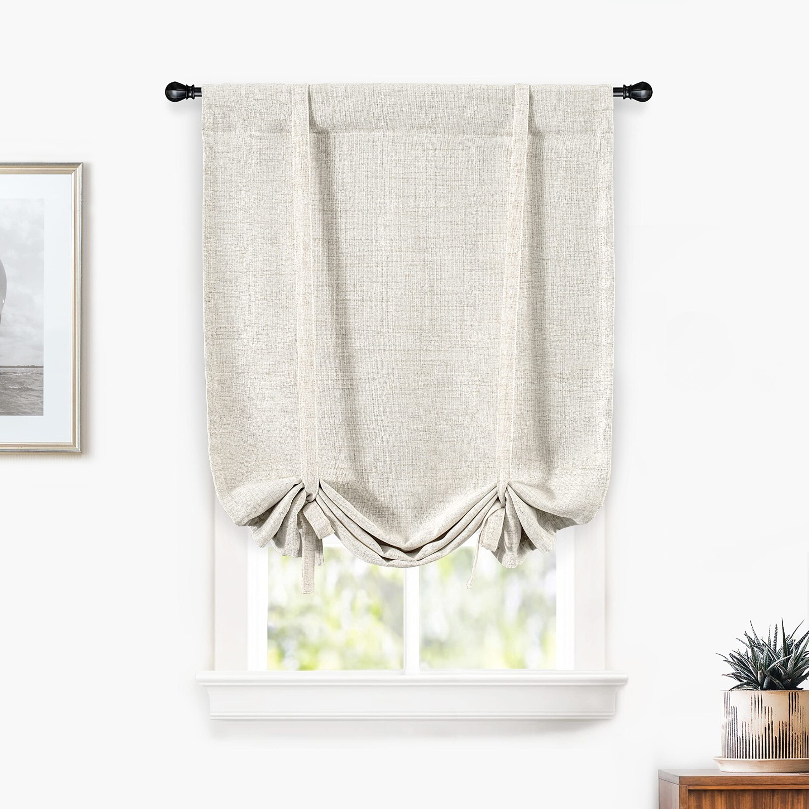 Light Linen Tie Up Shade Curtain Window Drape Rod Pocket for Kitchen Living Room