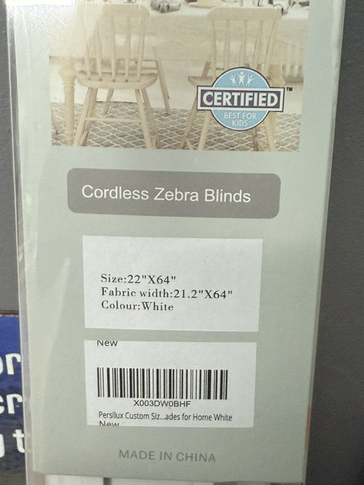 Persilux Cordless Zebra Blinds White Size 22” X 64”