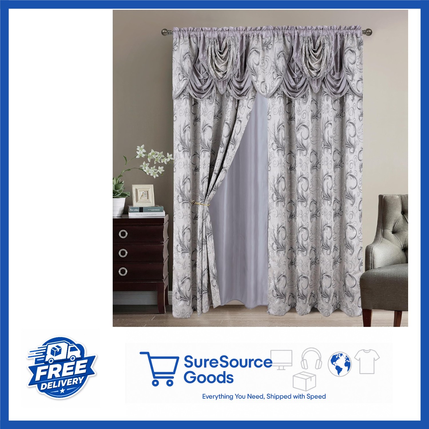 Silver Gray Jacquard Curtain Panel Set 54X84 inches with Tie Back and Valance