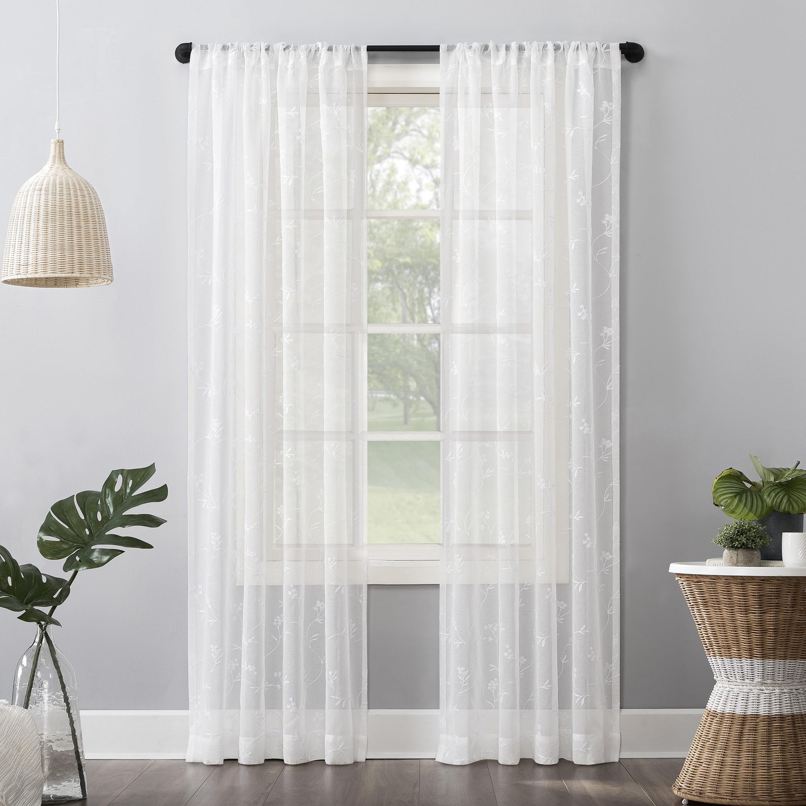 Delia Embroidered Floral Sheer Rod Pocket Curtain Panel, 50″ x 84″, Ivory Off